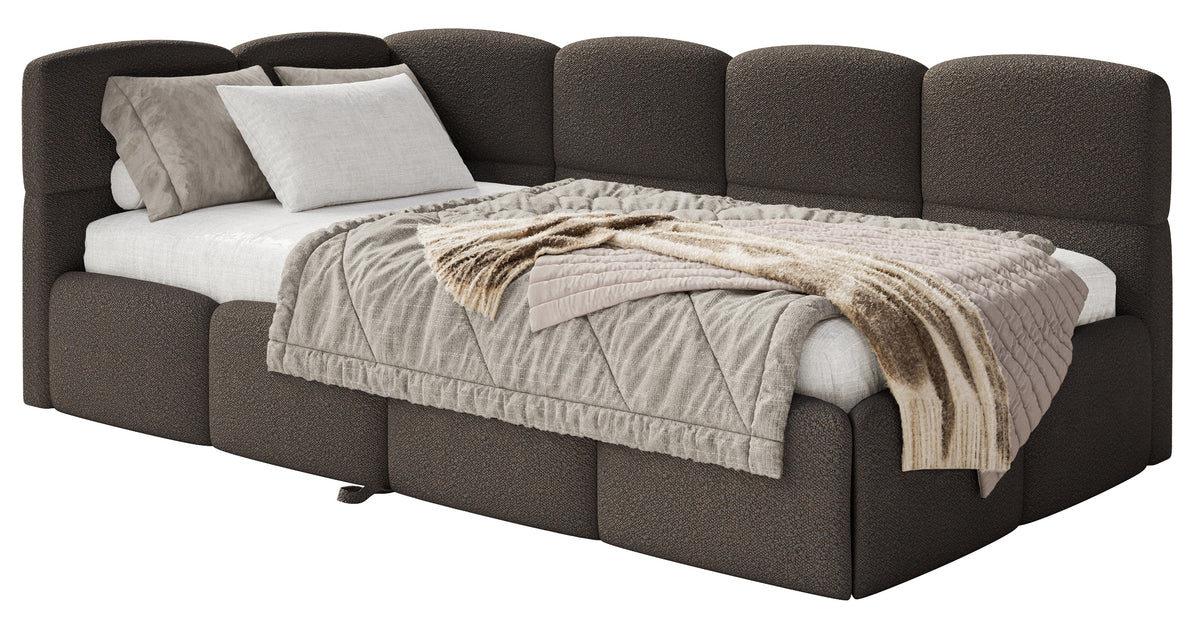 Jugendbett 90x200 cm Cloudy, links ausziehbar, mit Matratzen, braunes Bouclé