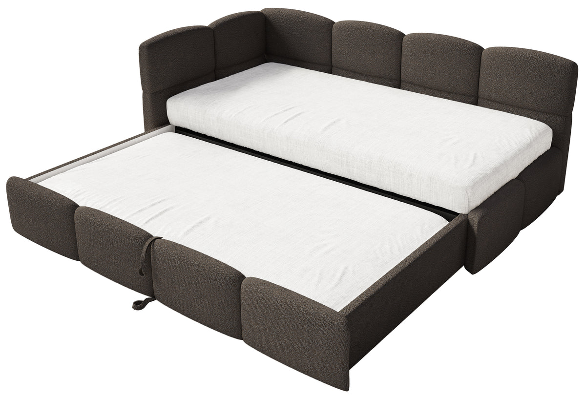 Jugendbett 90x200 cm Cloudy, links ausziehbar, mit Matratzen, braunes Bouclé