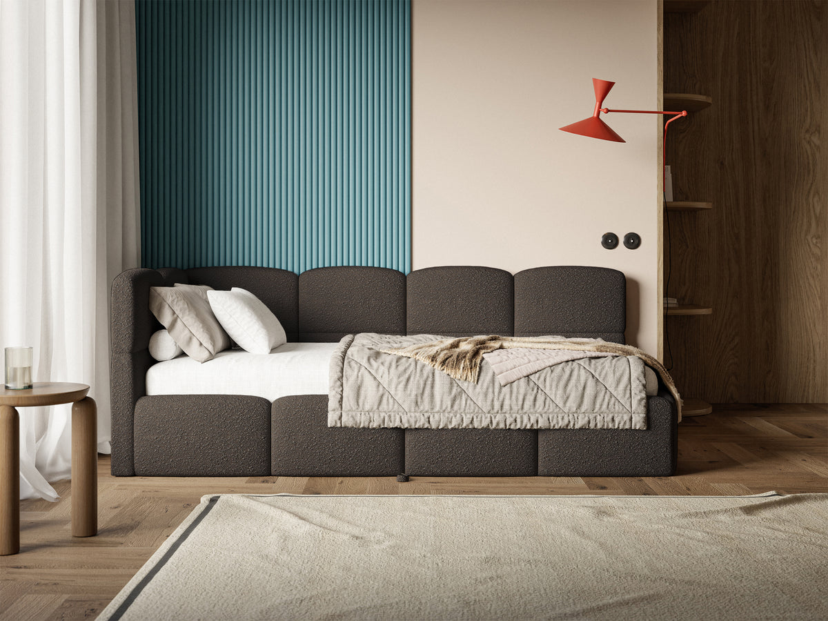 Jugendbett 90x200 cm Cloudy, links ausziehbar, mit Matratzen, braunes Bouclé