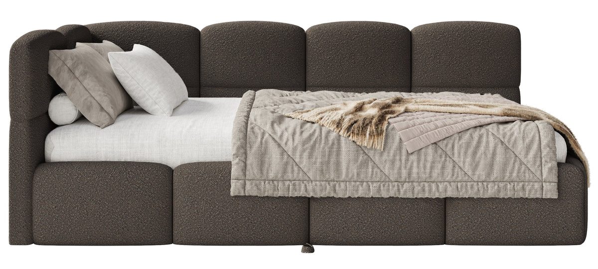 Jugendbett 90x200 cm Cloudy, links ausziehbar, mit Matratzen, braunes Bouclé
