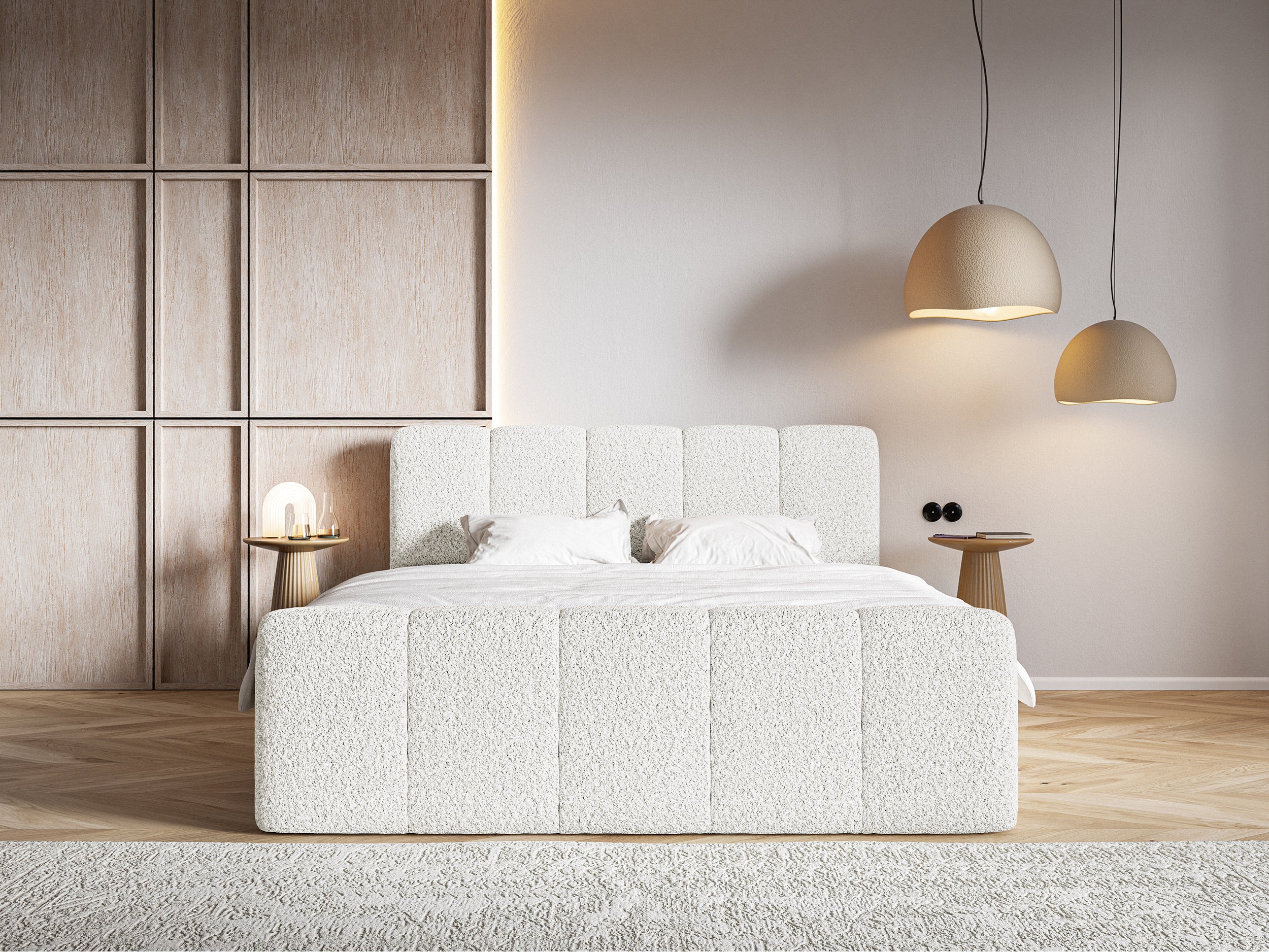 Kontinentalbett 180x200 cm Cloudy II mit Stauraum und Topper, cremefarbenes Bouclé