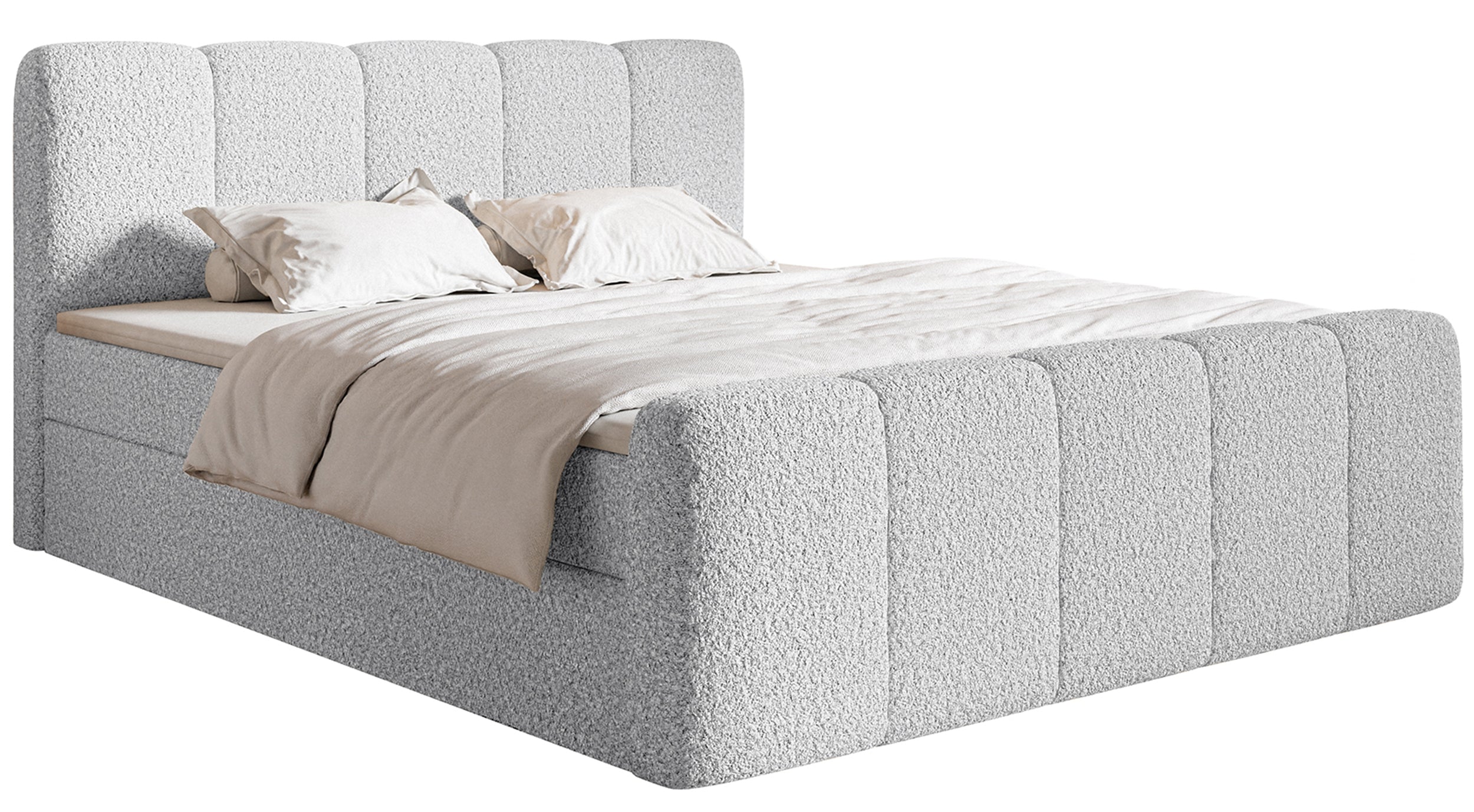 Kontinentalbett 140x200 cm Cloudy II mit Stauraum und Topper, hellgraues Bouclé