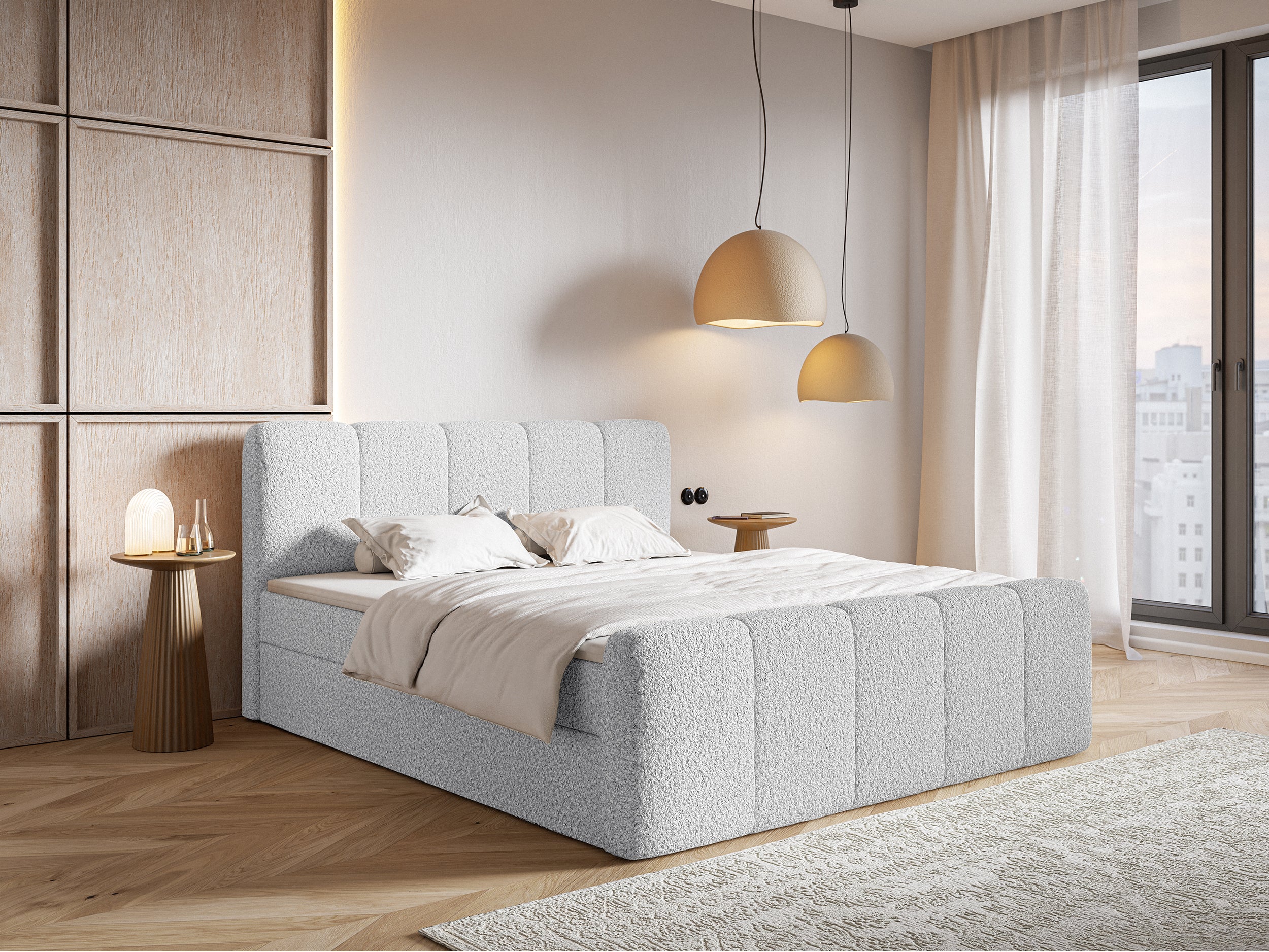 Kontinentalbett 140x200 cm Cloudy II mit Stauraum und Topper, hellgraues Bouclé