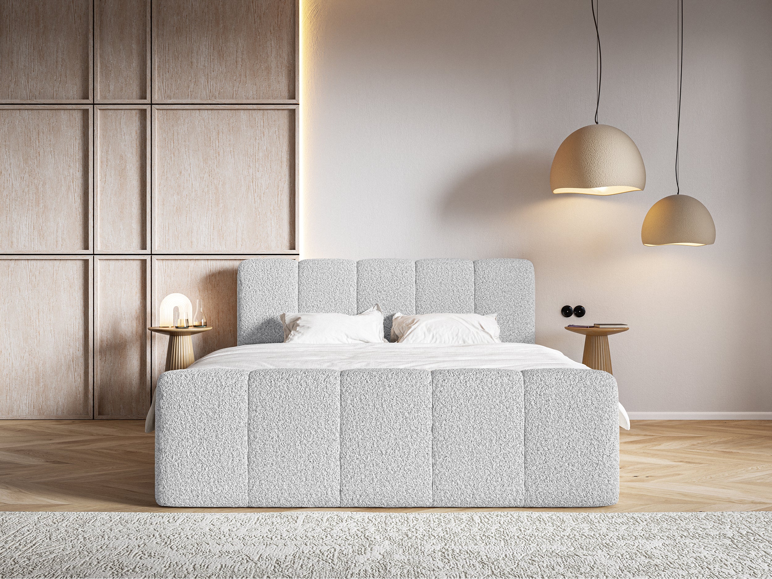 Kontinentalbett 140x200 cm Cloudy II mit Stauraum und Topper, hellgraues Bouclé