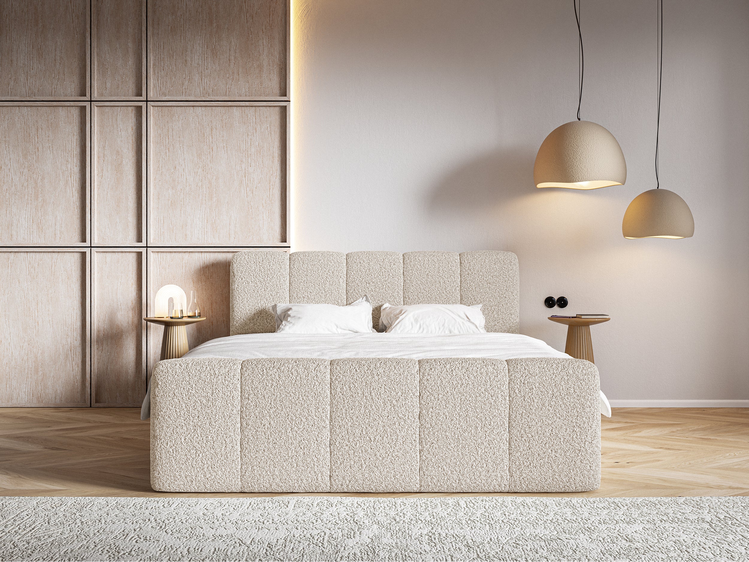Kontinentales Bett 140x200 cm Cloudy II mit Stauraum und Topper, hellbeige Bouclé