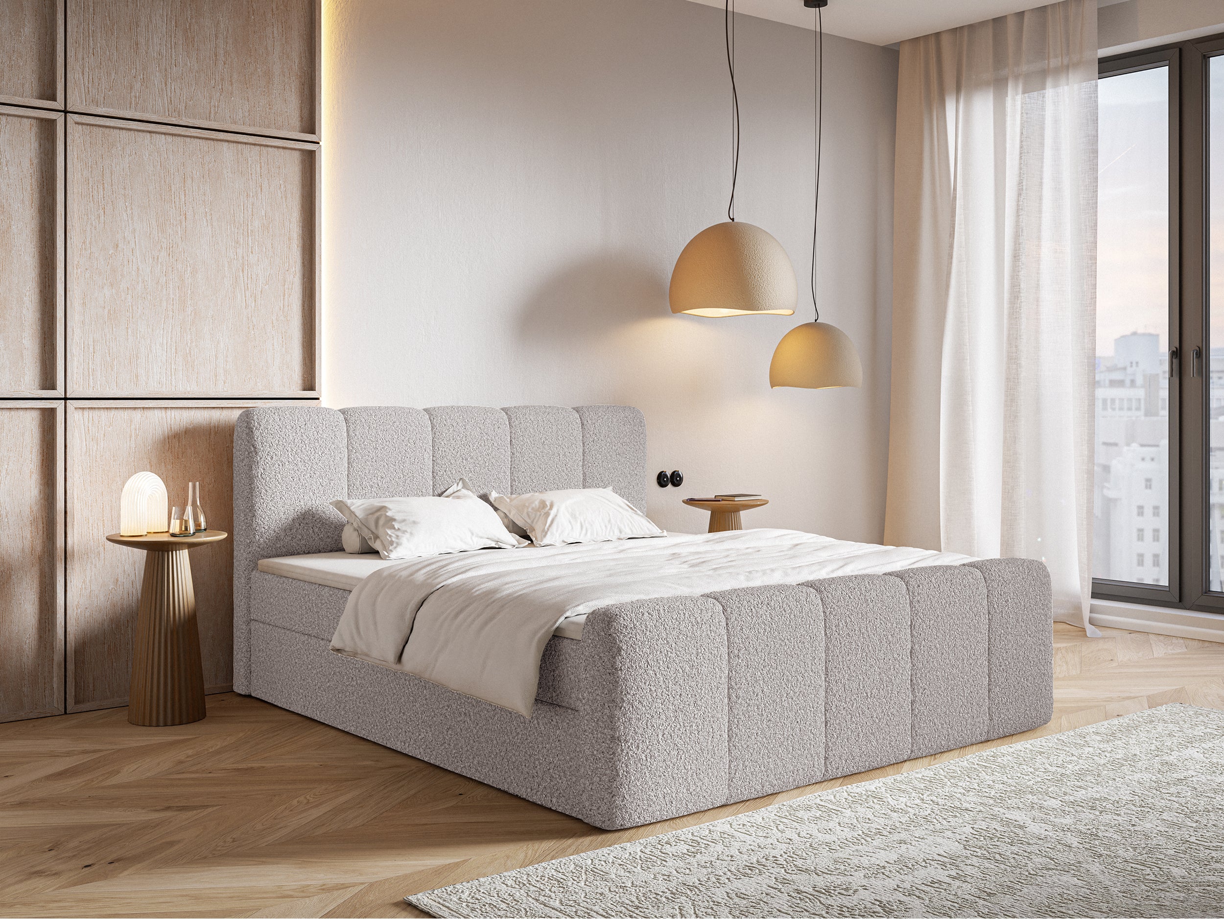 Kontinentalbett 140x200 cm Cloudy II mit Stauraum und Topper, grau-braunes Bouclé