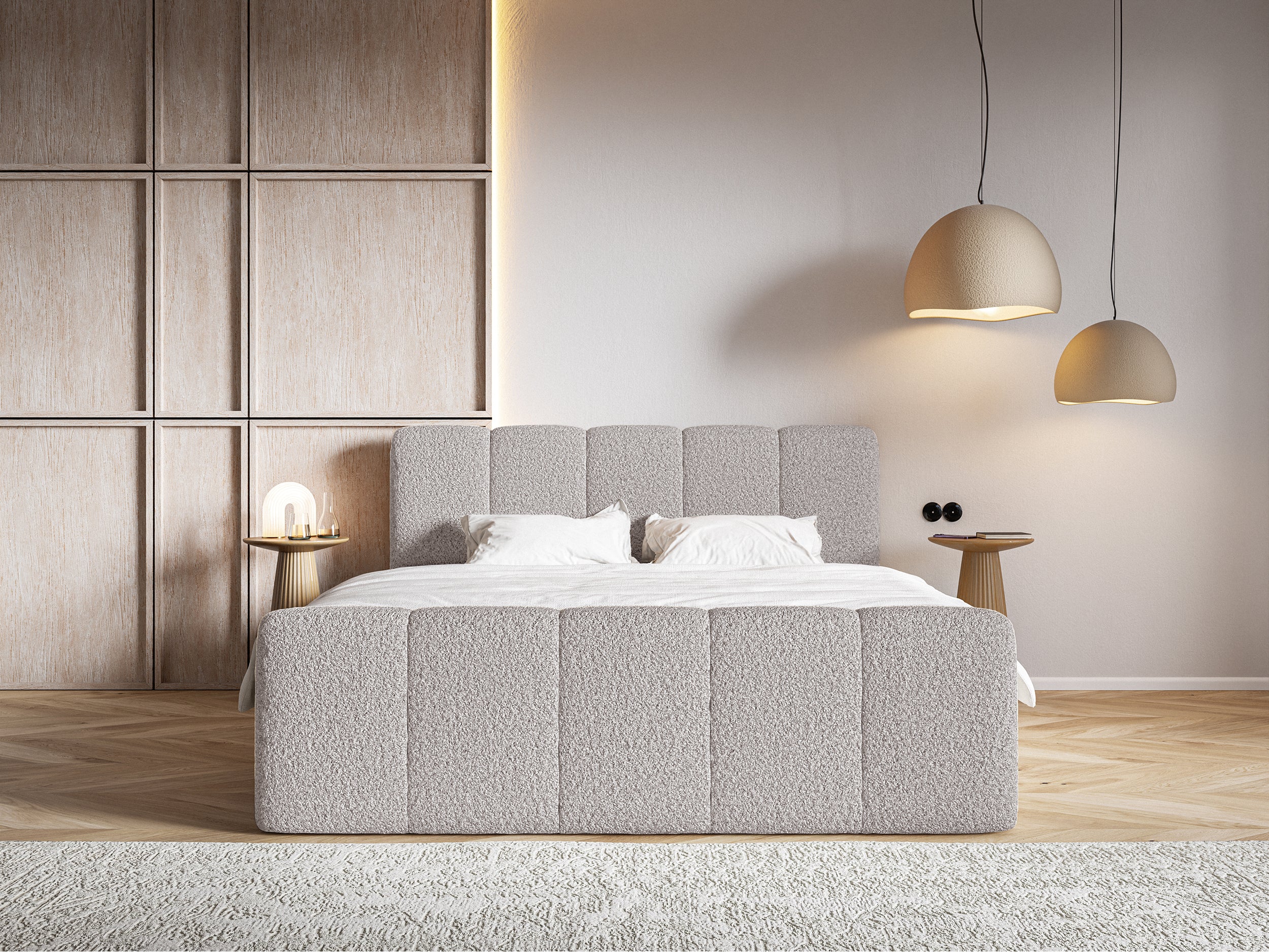 Kontinentalbett 140x200 cm Cloudy II mit Stauraum und Topper, grau-braunes Bouclé