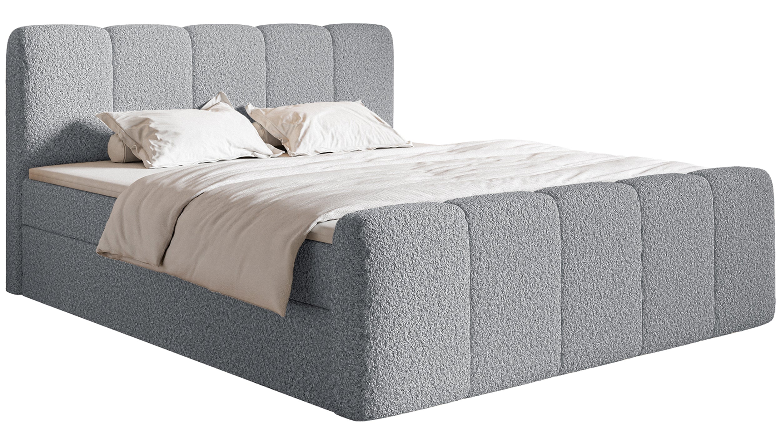 Kontinentales Bett 180x200 cm Cloudy II mit Stauraum und Topper, grauer Bouclé-Stoff