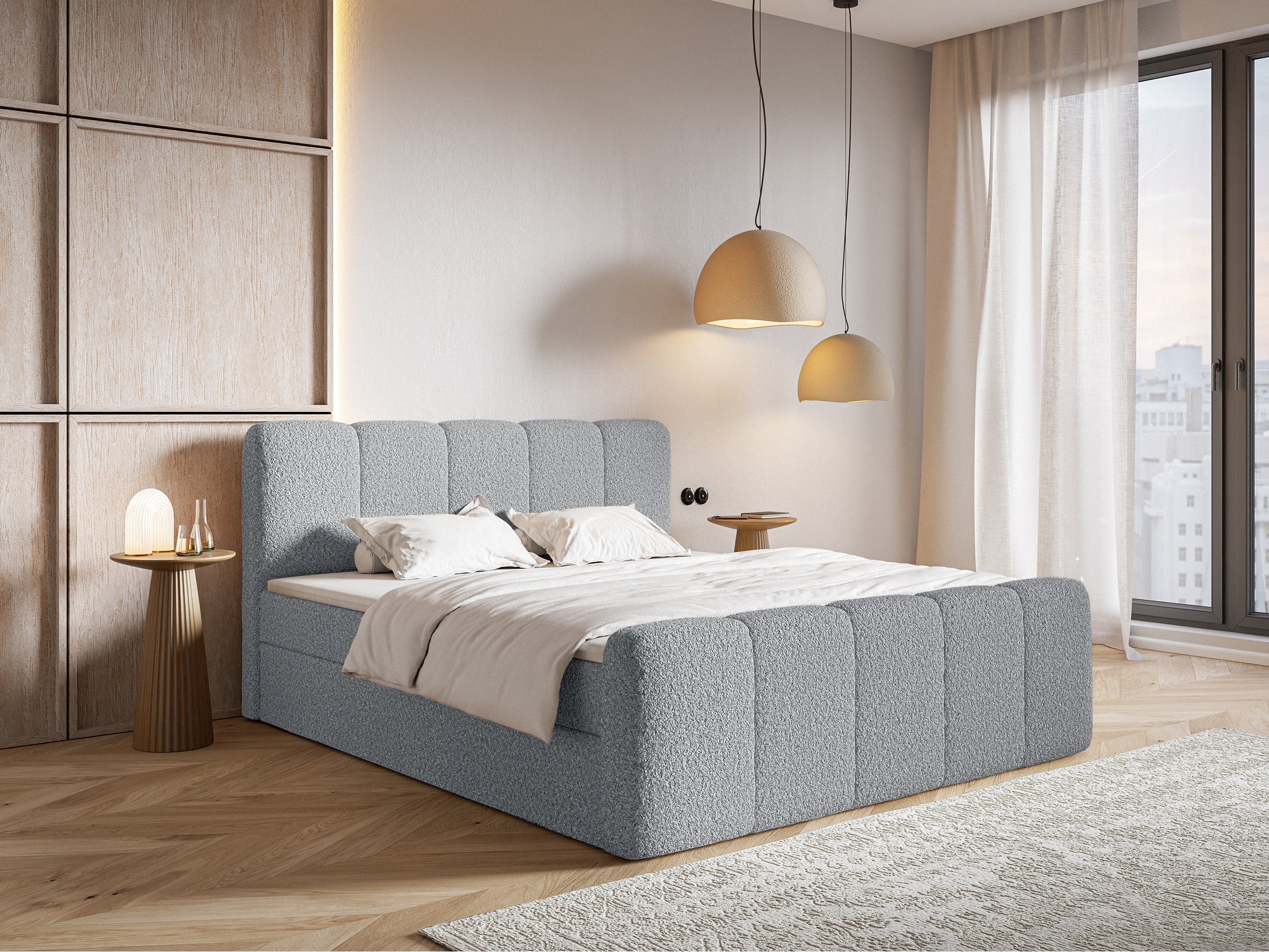 Kontinentales Bett 180x200 cm Cloudy II mit Stauraum und Topper, grauer Bouclé-Stoff