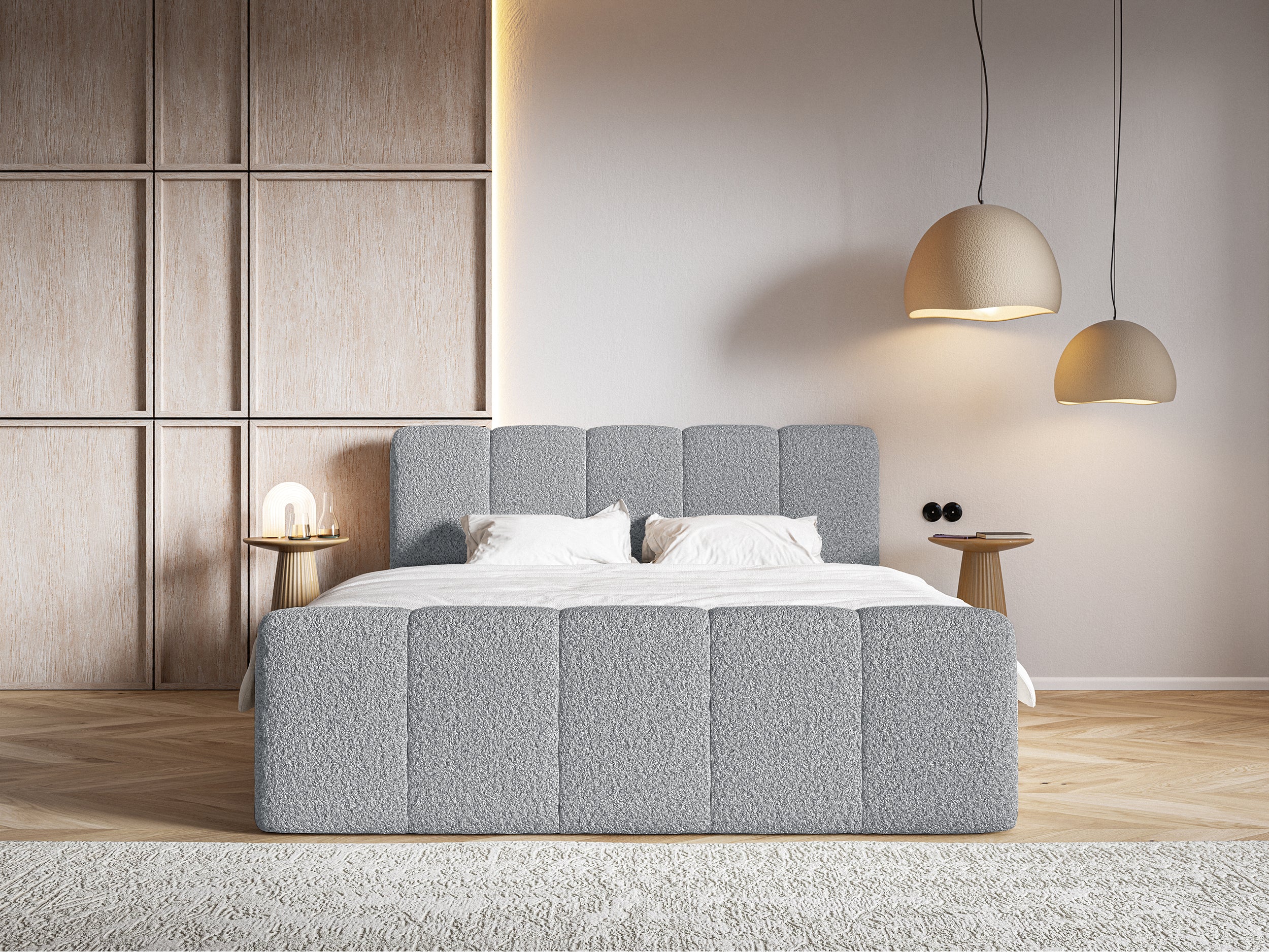Kontinentales Bett 180x200 cm Cloudy II mit Stauraum und Topper, grauer Bouclé-Stoff