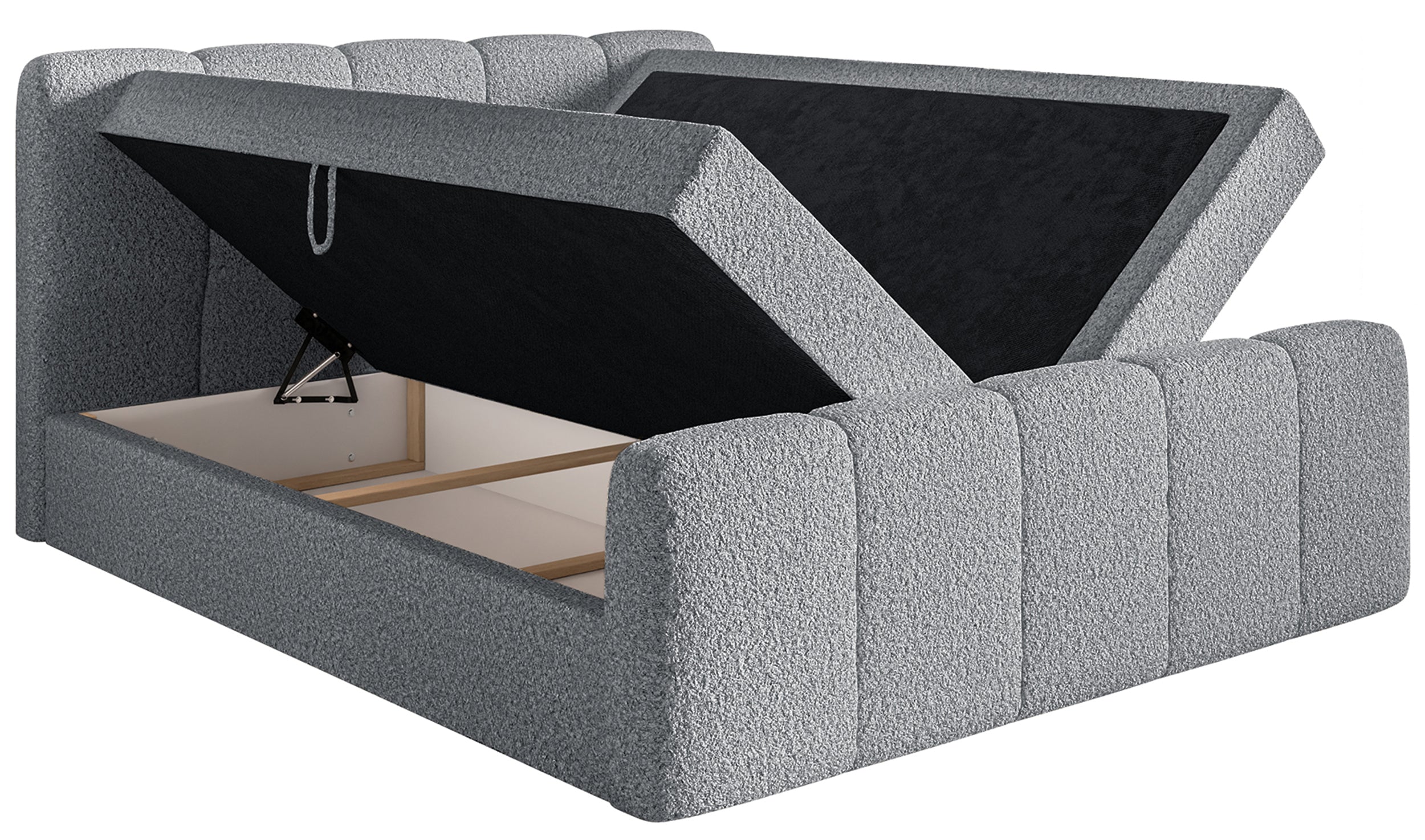 Kontinentales Bett 180x200 cm Cloudy II mit Stauraum und Topper, grauer Bouclé-Stoff