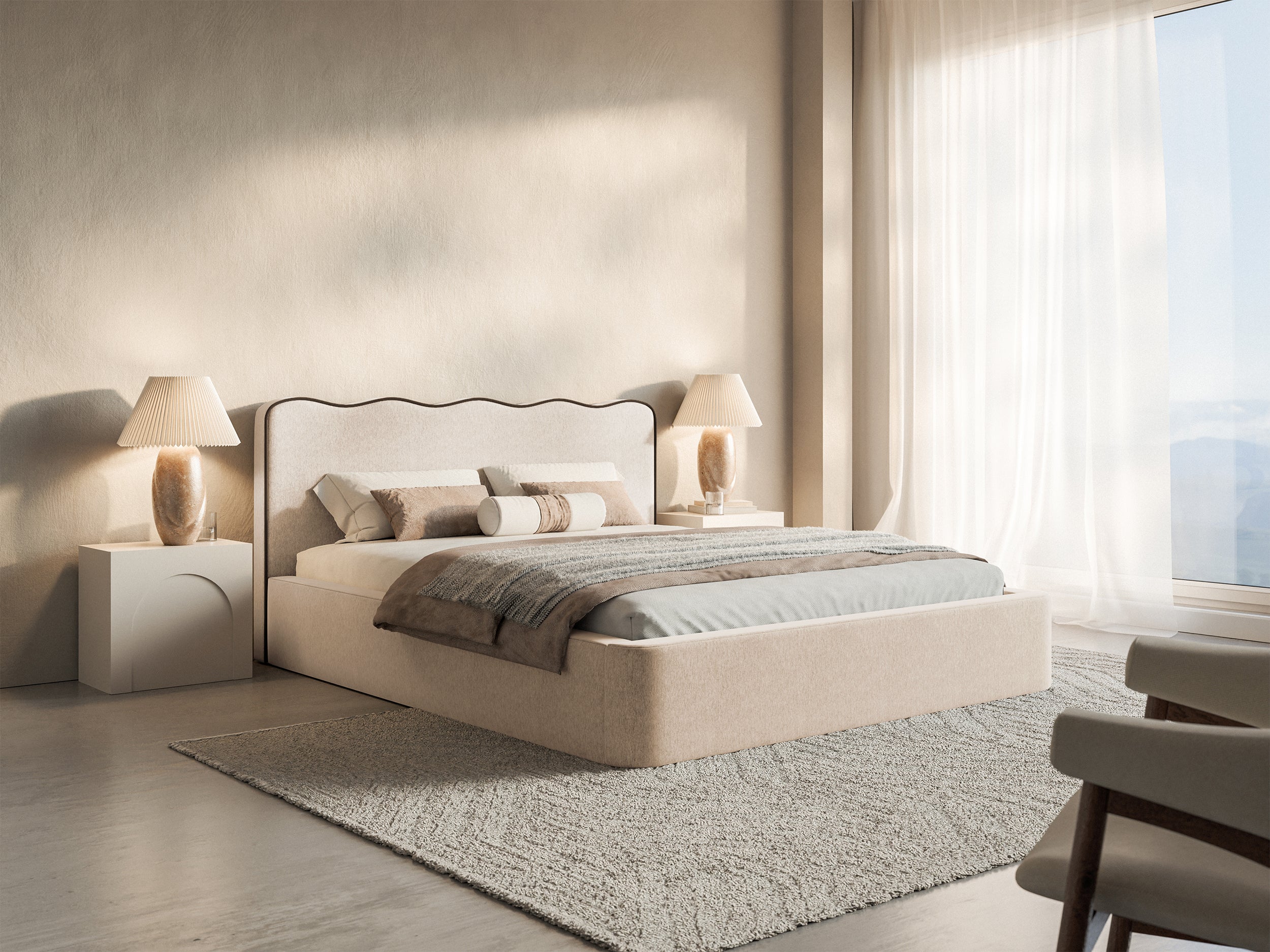 Gepolstertes Bett 160x200 cm Duney mit Stauraum, hellbeige Flechtmuster