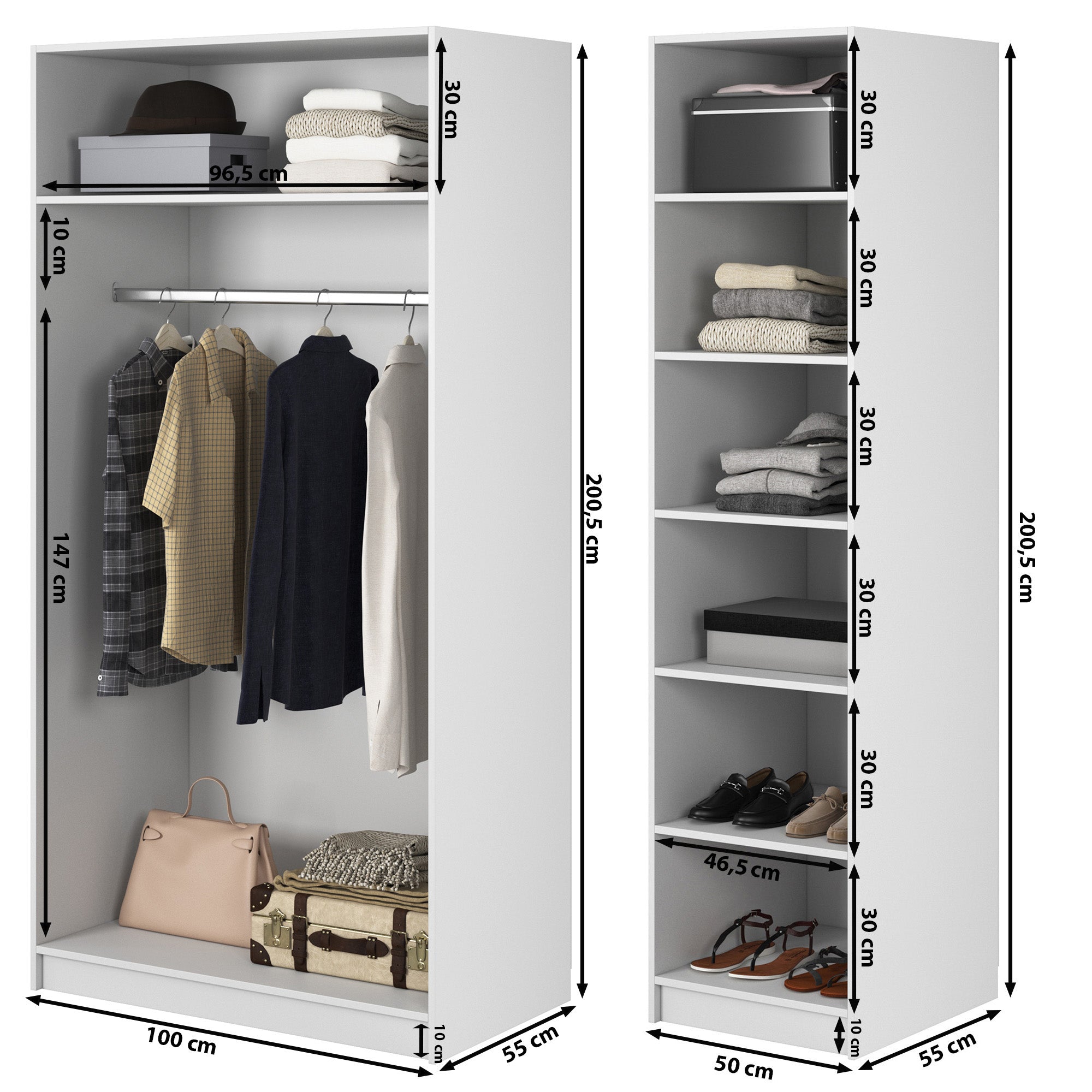 Kaspe Garderobe mit Stange und Regalen 150 cm Weiß