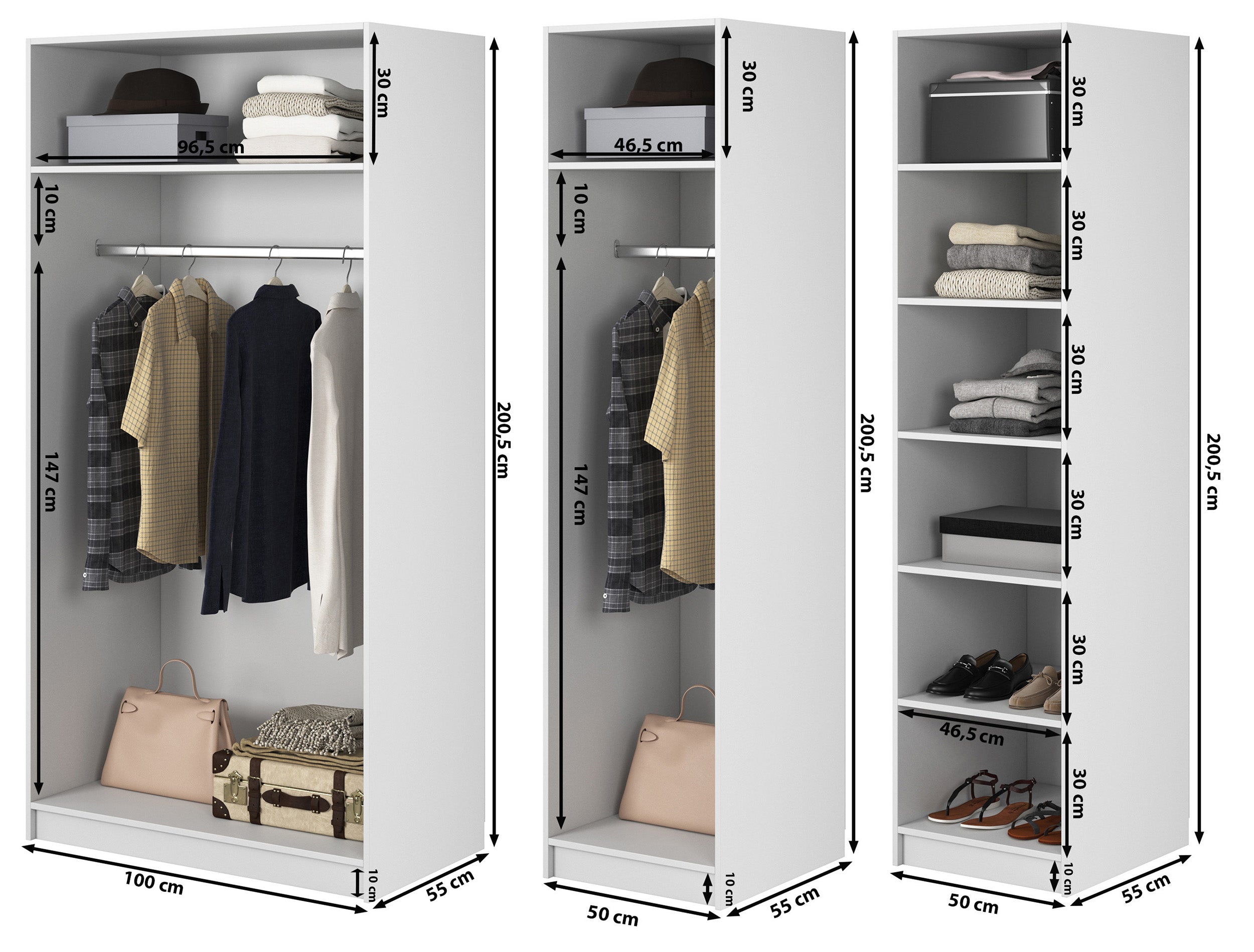 Kaspe Garderobe mit zwei Kleiderstangen und Regalen, 200 cm, Weiß