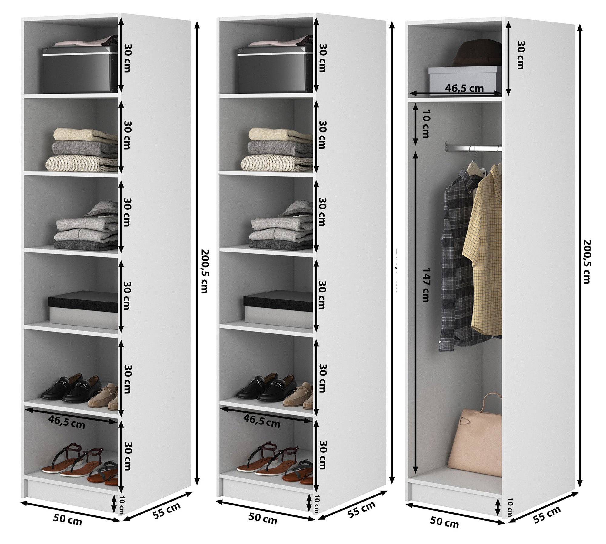 Kaspe Garderobe mit Stange und doppelten Regalen 150 cm Weiß