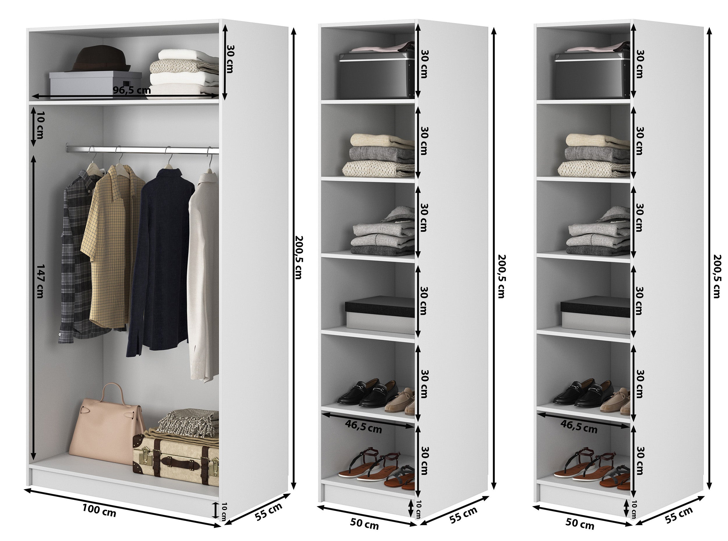 Kaspe Garderobe mit Stange und doppelten Regalen 200 cm Weiß