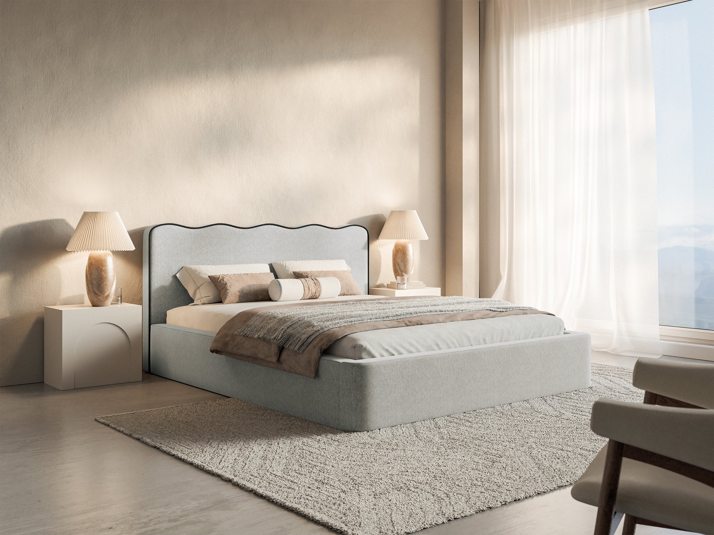 Gepolstertes Bett 160x200 cm Duney mit Stauraum, hellgraues Flechtmuster