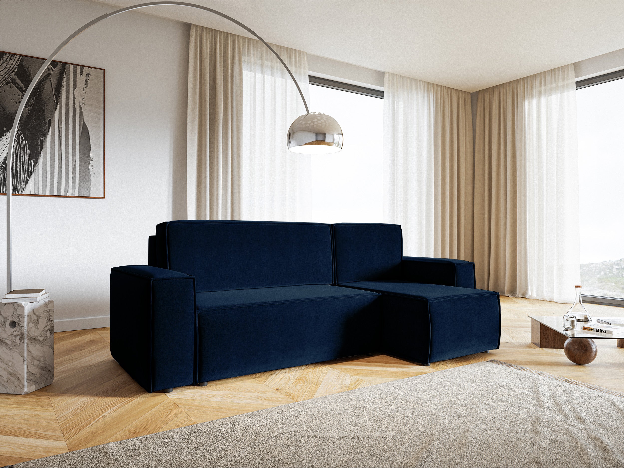 Ecksofa mit Schlafunktion Copertino, L-förmig, mit Stauraum, universell, marineblauer hydrophober Samt