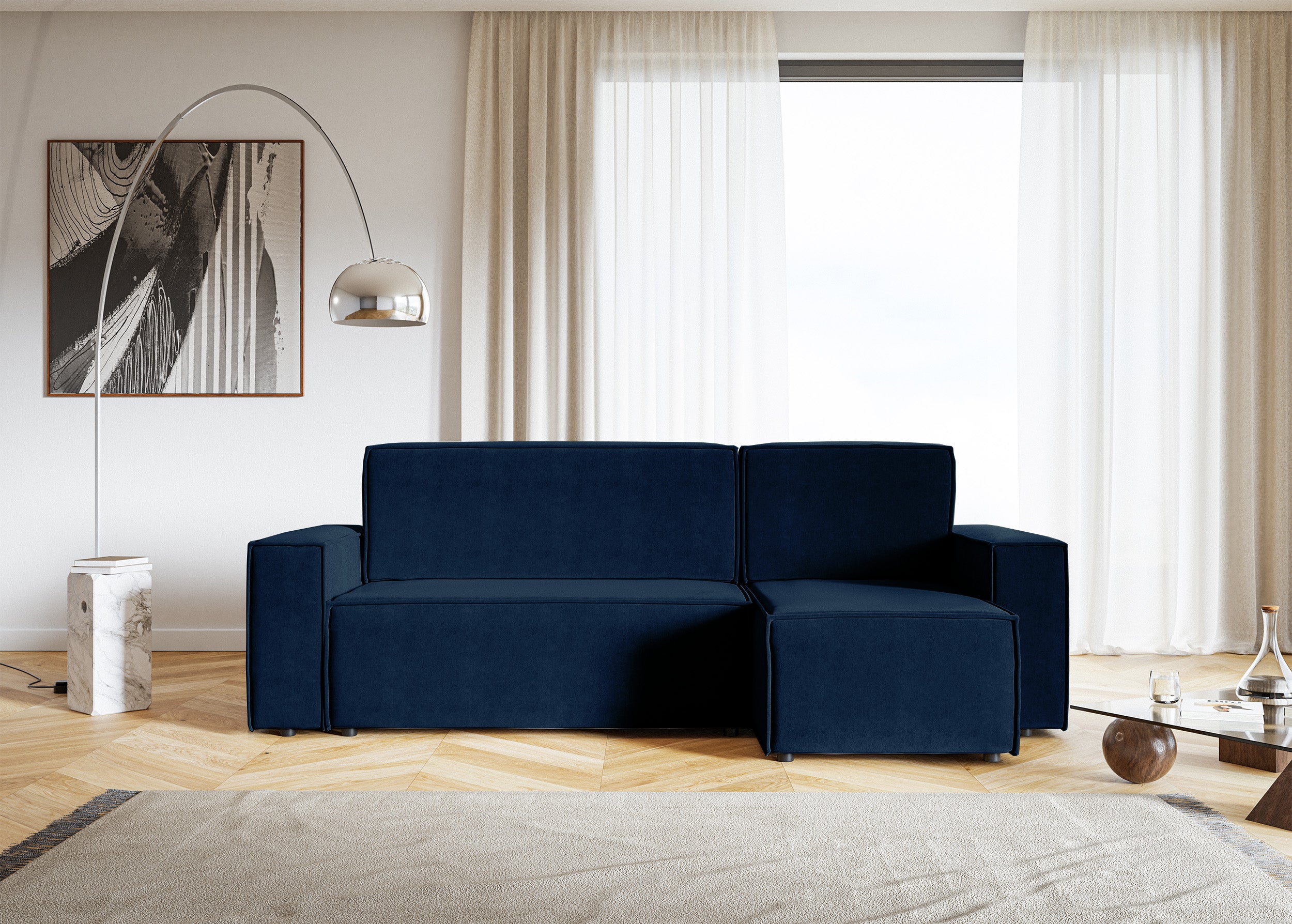 Ecksofa mit Schlafunktion Copertino, L-förmig, mit Stauraum, universell, marineblauer hydrophober Samt