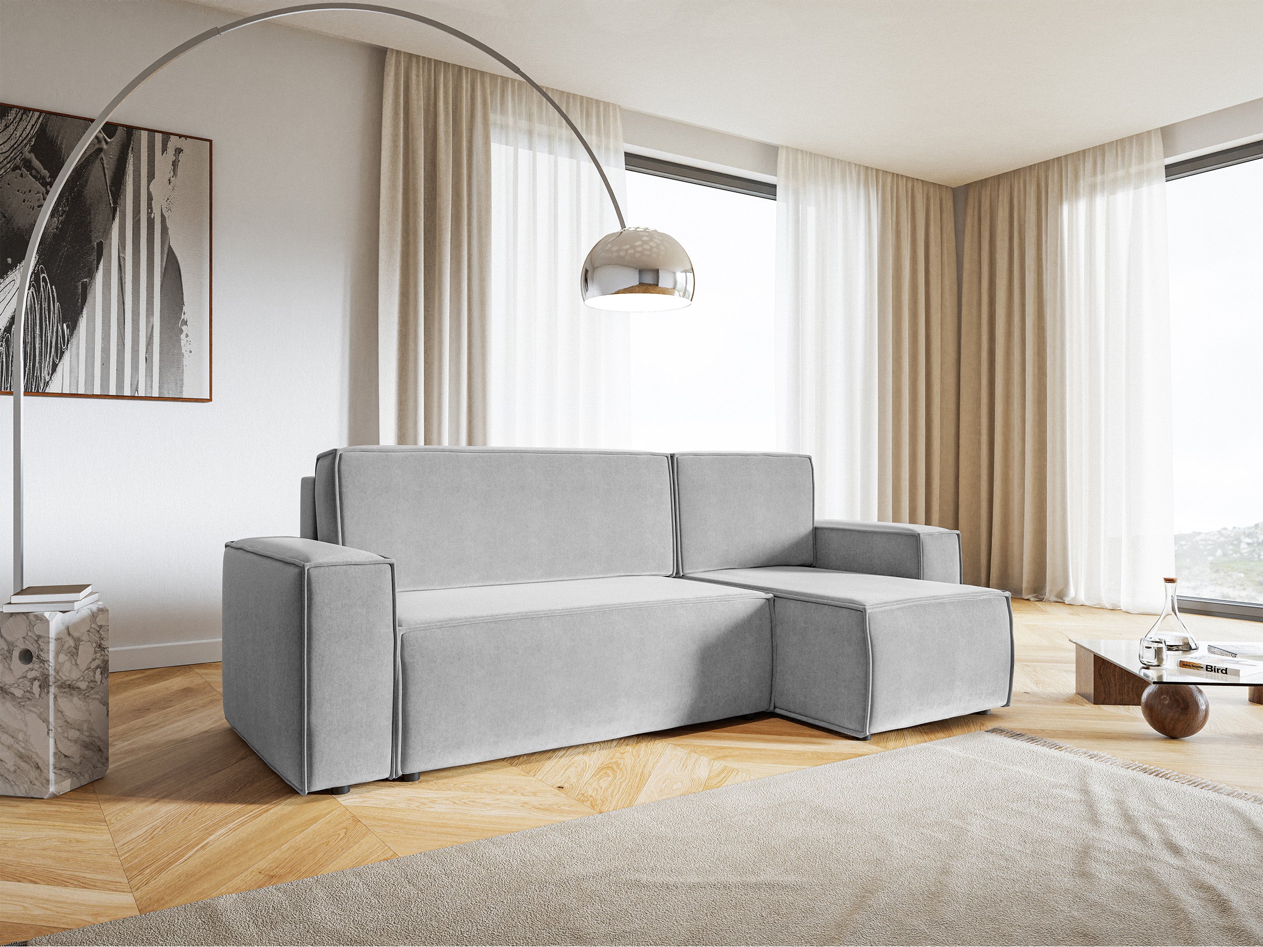 Ecksofa mit Schlaffunktion Copertino, L-förmig, mit Stauraum, universell, hellgrauer hydrophober Samt
