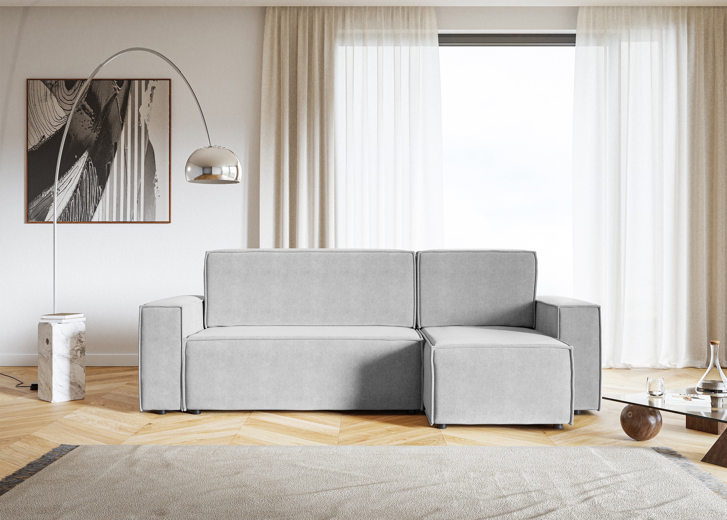 Ecksofa mit Schlaffunktion Copertino, L-förmig, mit Stauraum, universell, hellgrauer hydrophober Samt