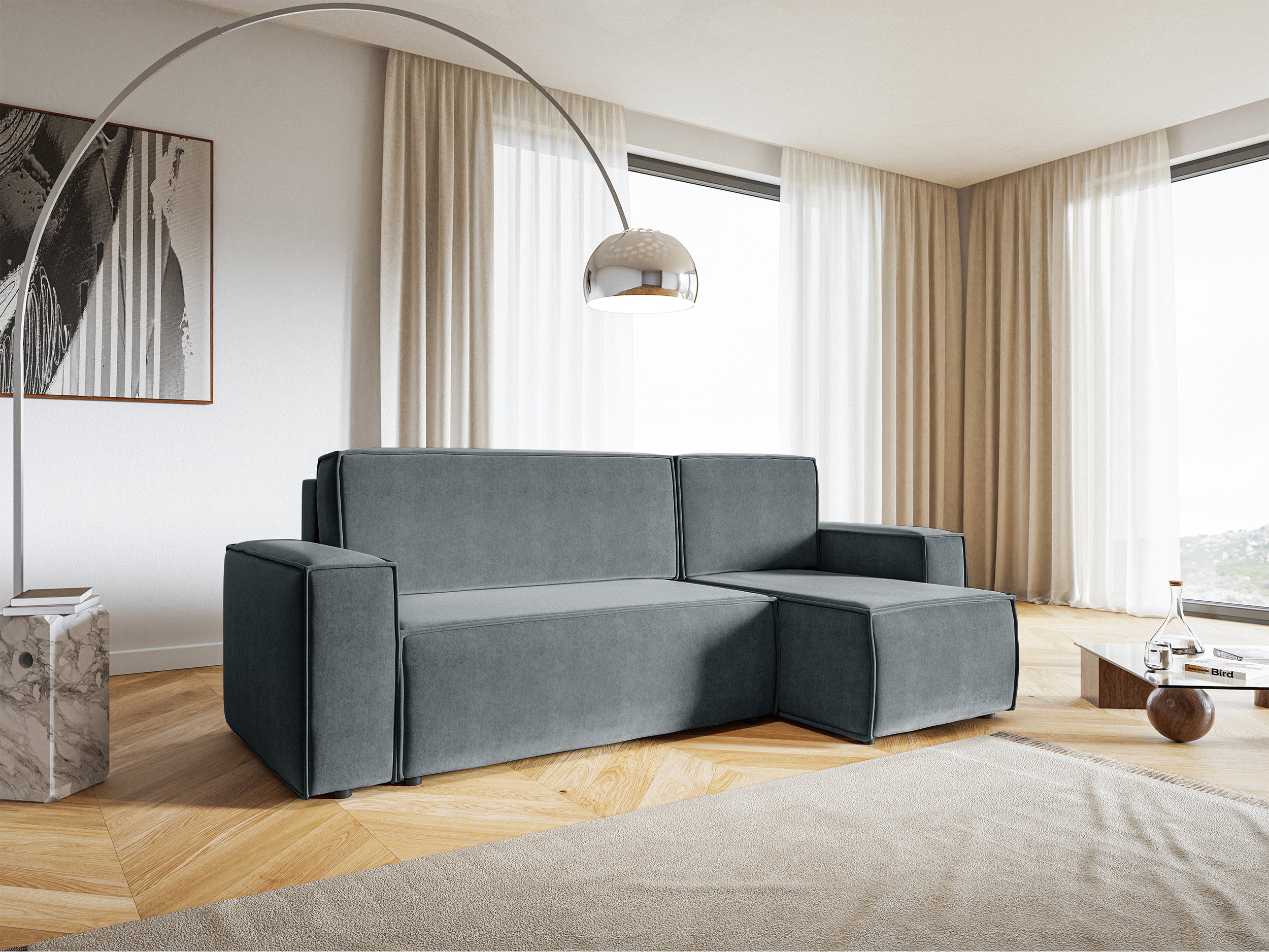 Ecksofa mit Schlaffunktion Copertino, L-förmig, mit Stauraum, universell, grau, hydrophobes Samtgewebe