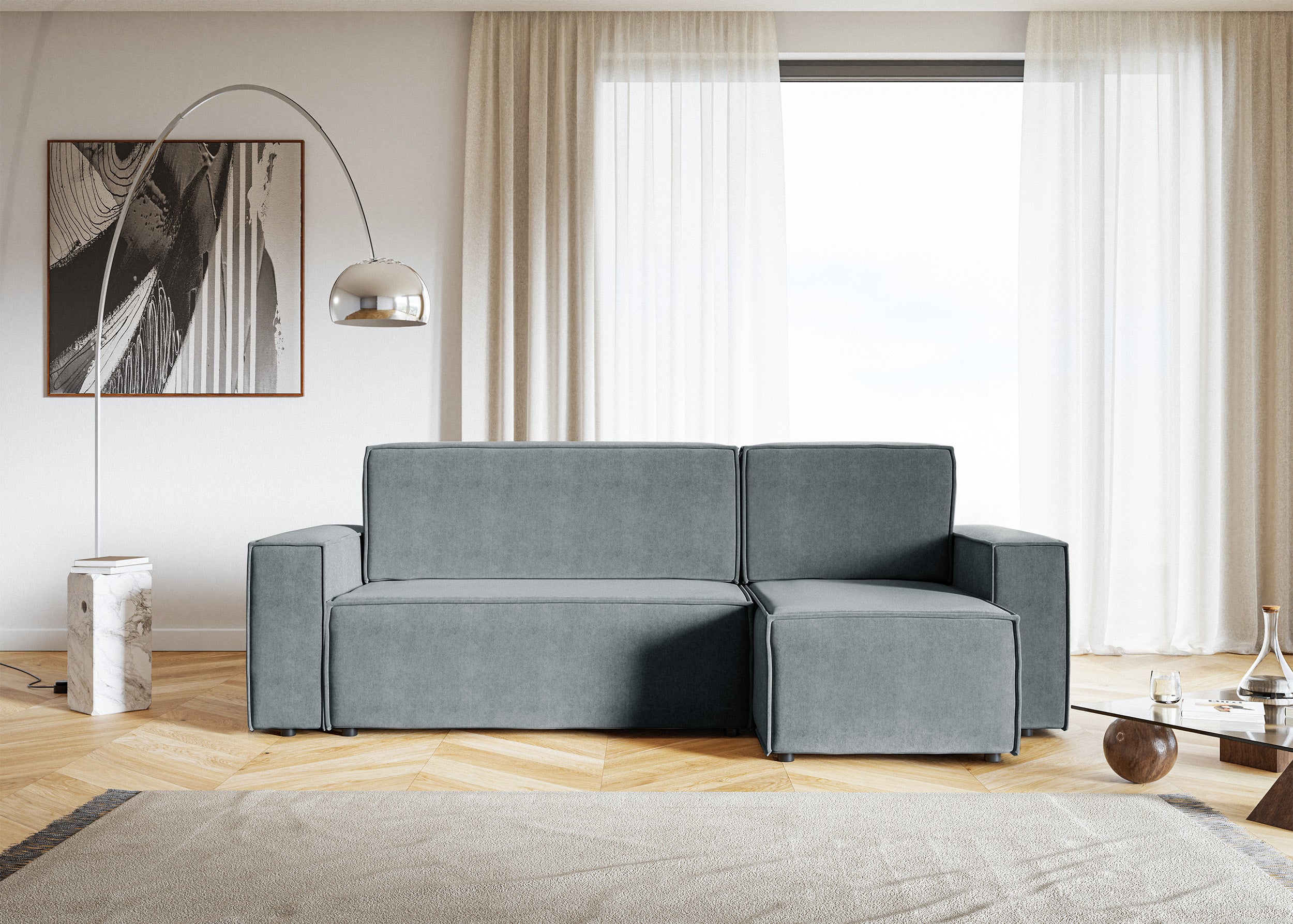 Ecksofa mit Schlaffunktion Copertino, L-förmig, mit Stauraum, universell, grau, hydrophobes Samtgewebe
