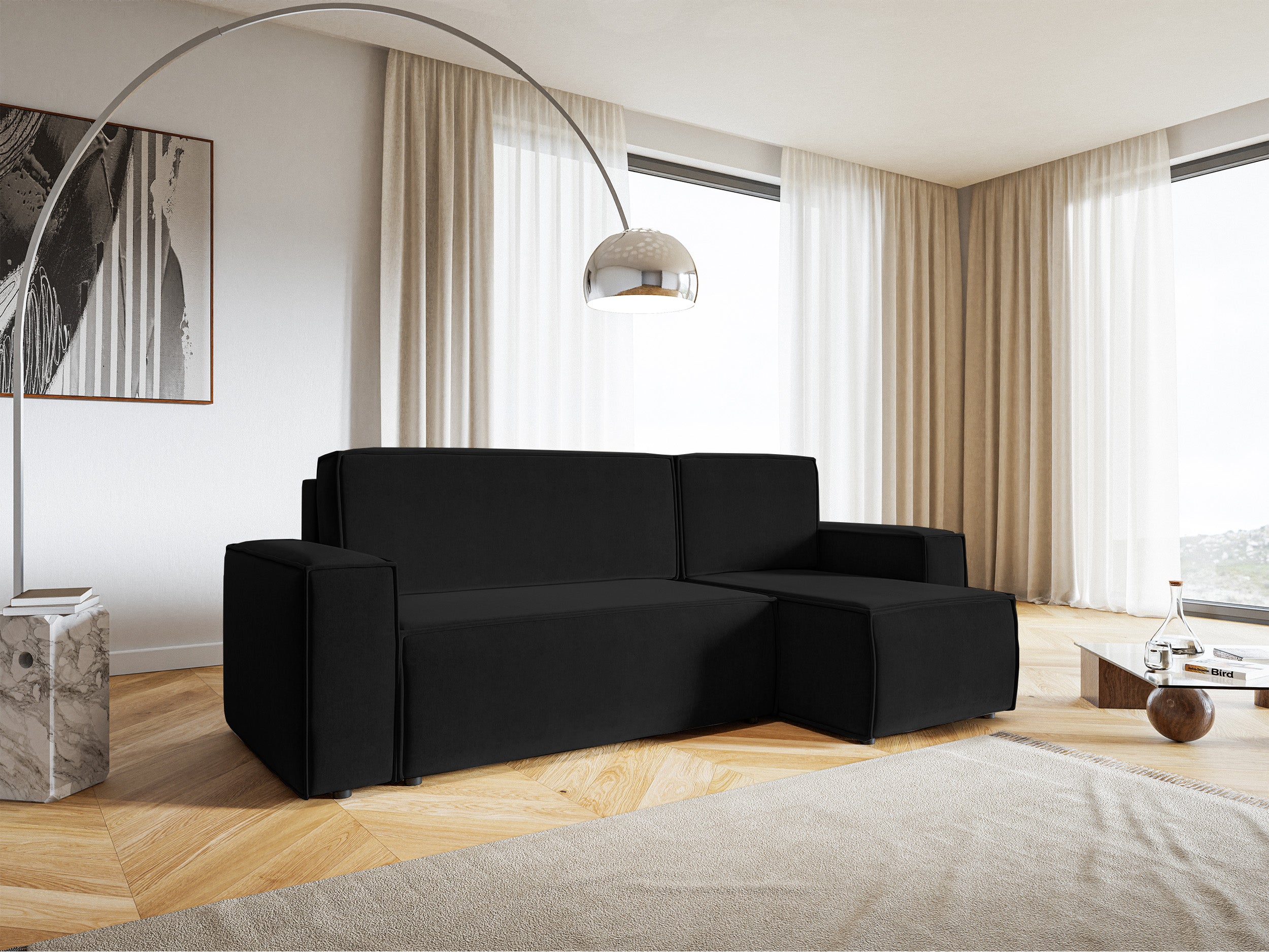 Ecksofa mit Schlaffunktion Copertino, L-förmig, mit Stauraum, universell, schwarzer wasserabweisender Samt