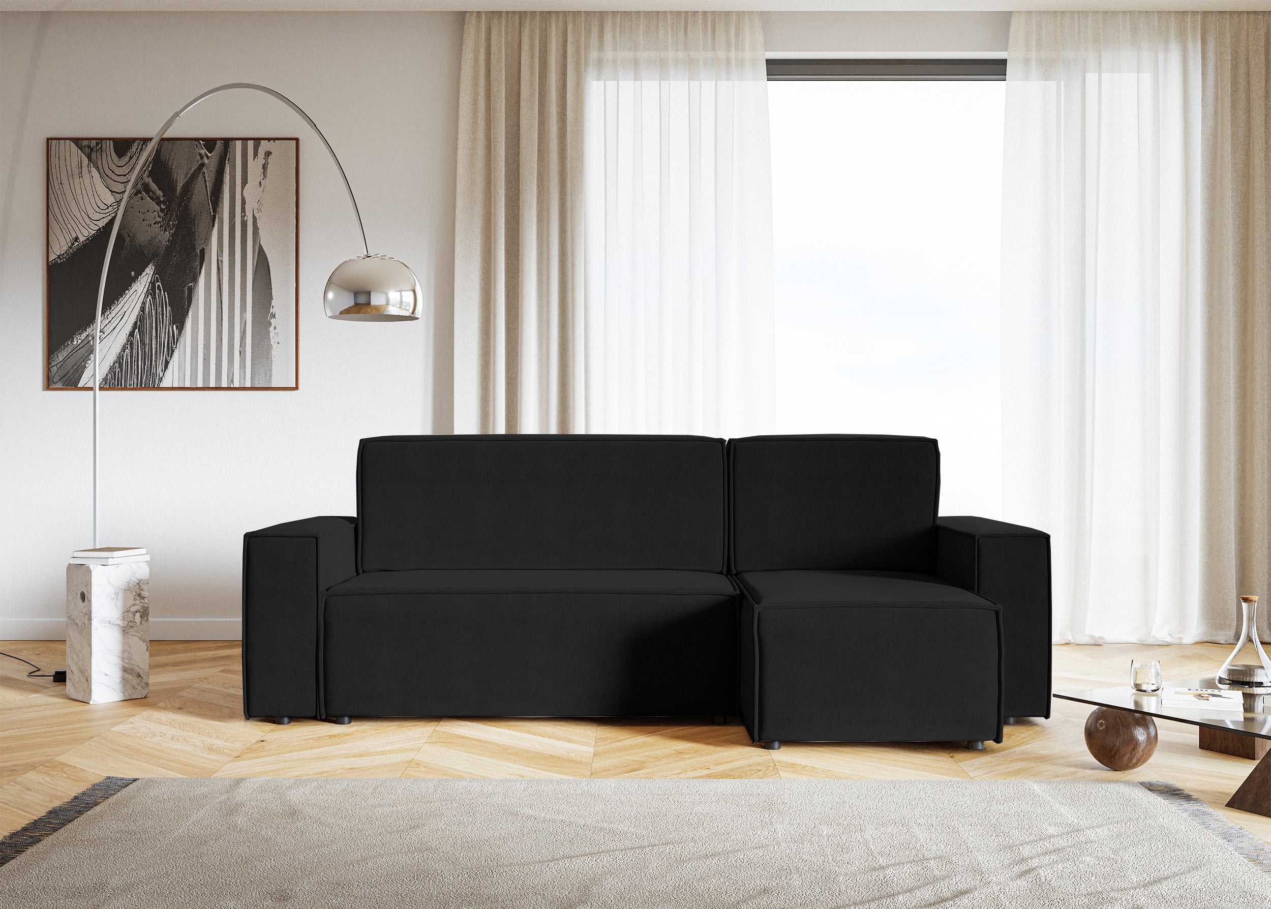 Ecksofa mit Schlaffunktion Copertino, L-förmig, mit Stauraum, universell, schwarzer wasserabweisender Samt