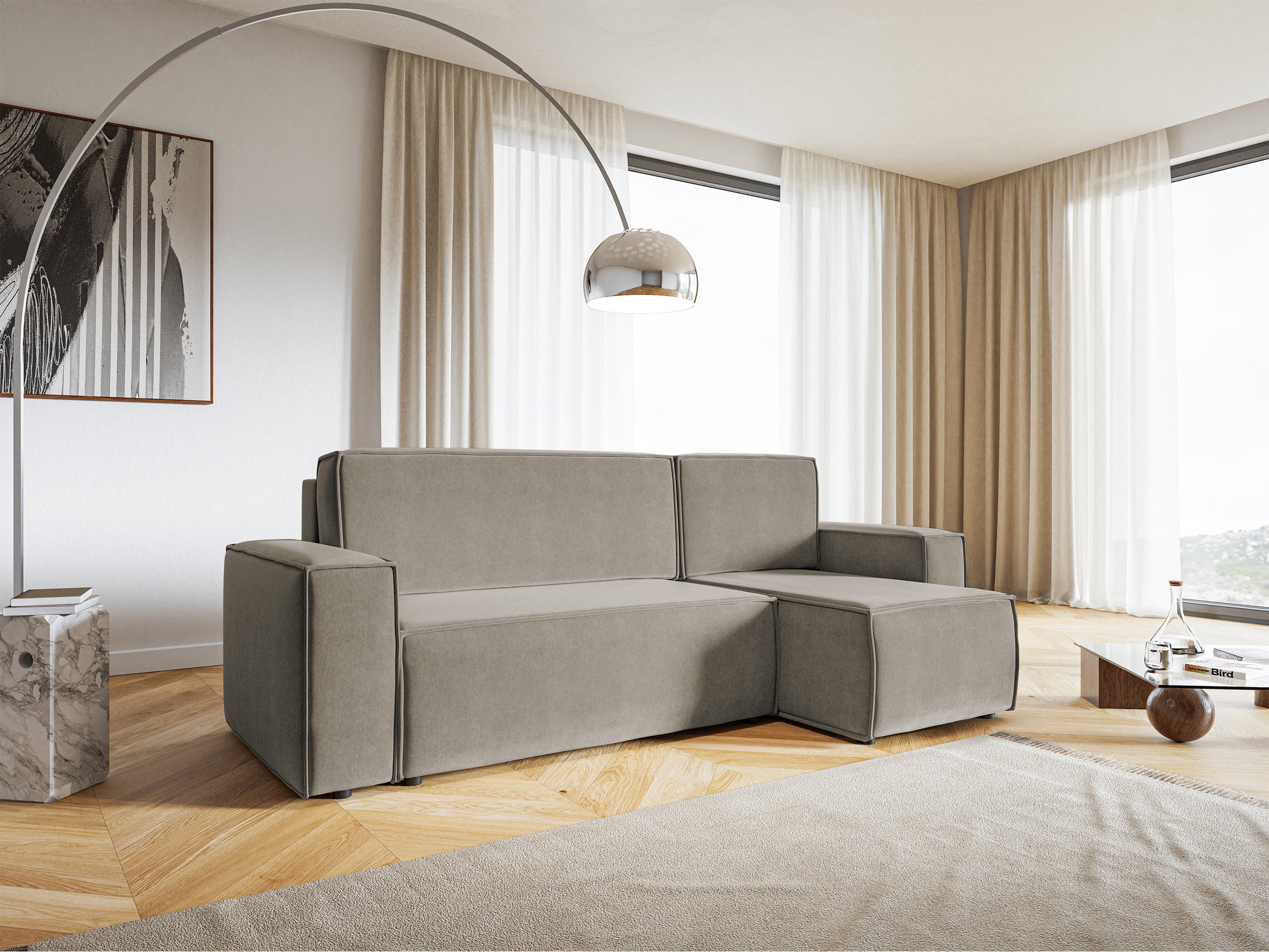 Ecksofa mit Schlaffunktion Copertino, L-förmig, mit Stauraum, universell, grau-beige, wasserabweisender Veloursstoff