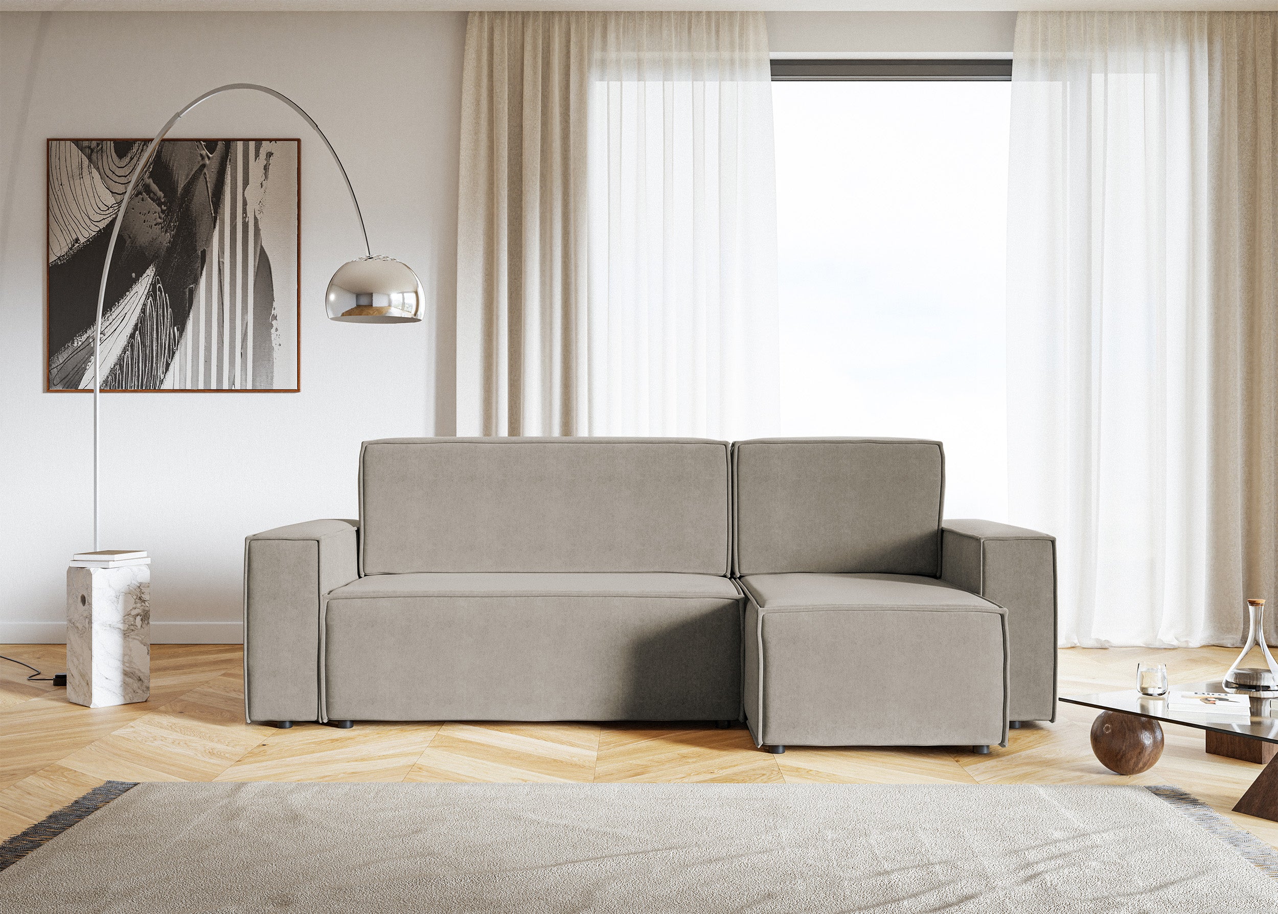 Ecksofa mit Schlaffunktion Copertino, L-förmig, mit Stauraum, universell, grau-beige, wasserabweisender Veloursstoff