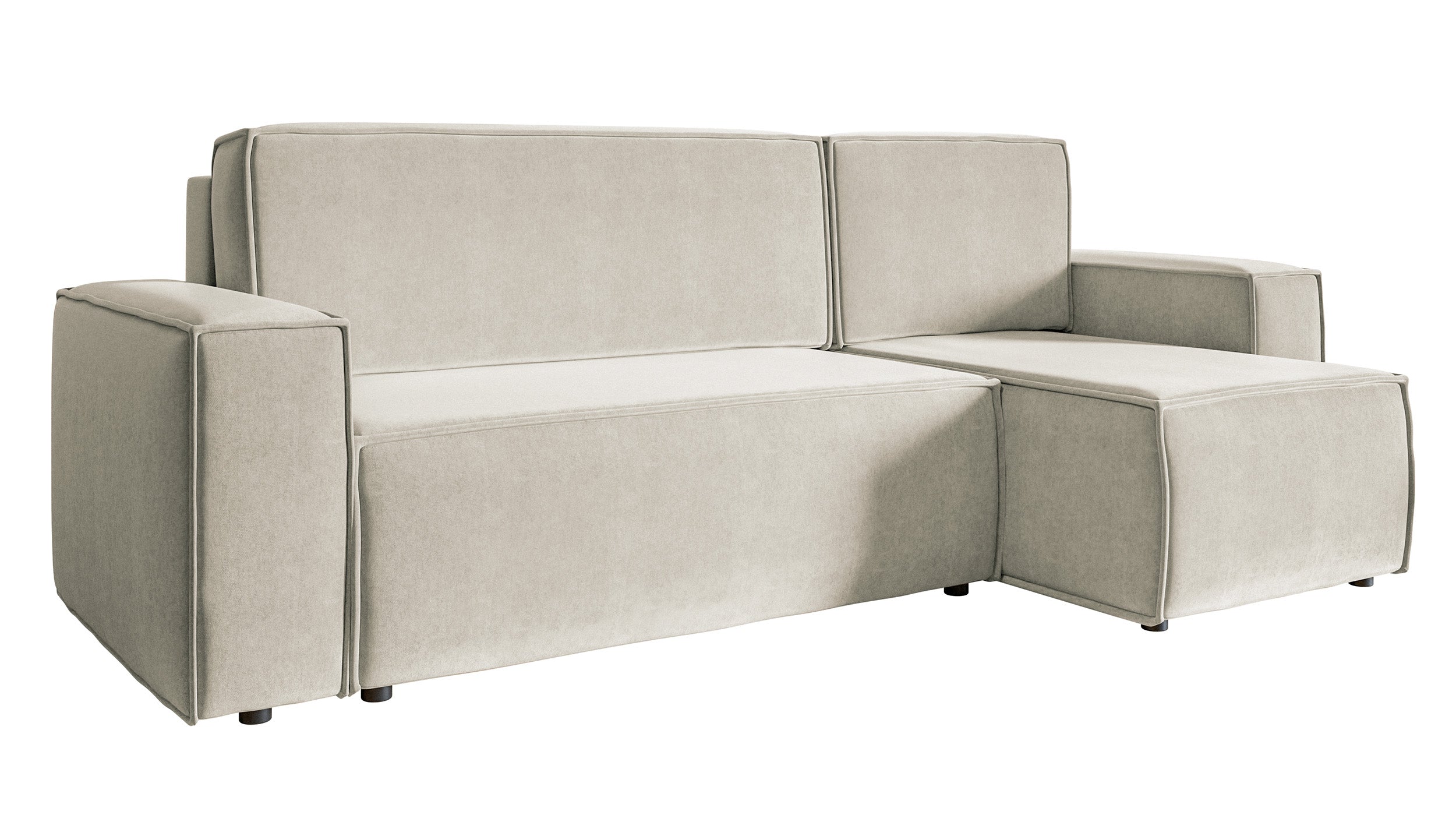 Ecksofa mit Schlaffunktion Copertino, L-förmig, mit Stauraum, universell, hellbeiger hydrophober Samtstoff