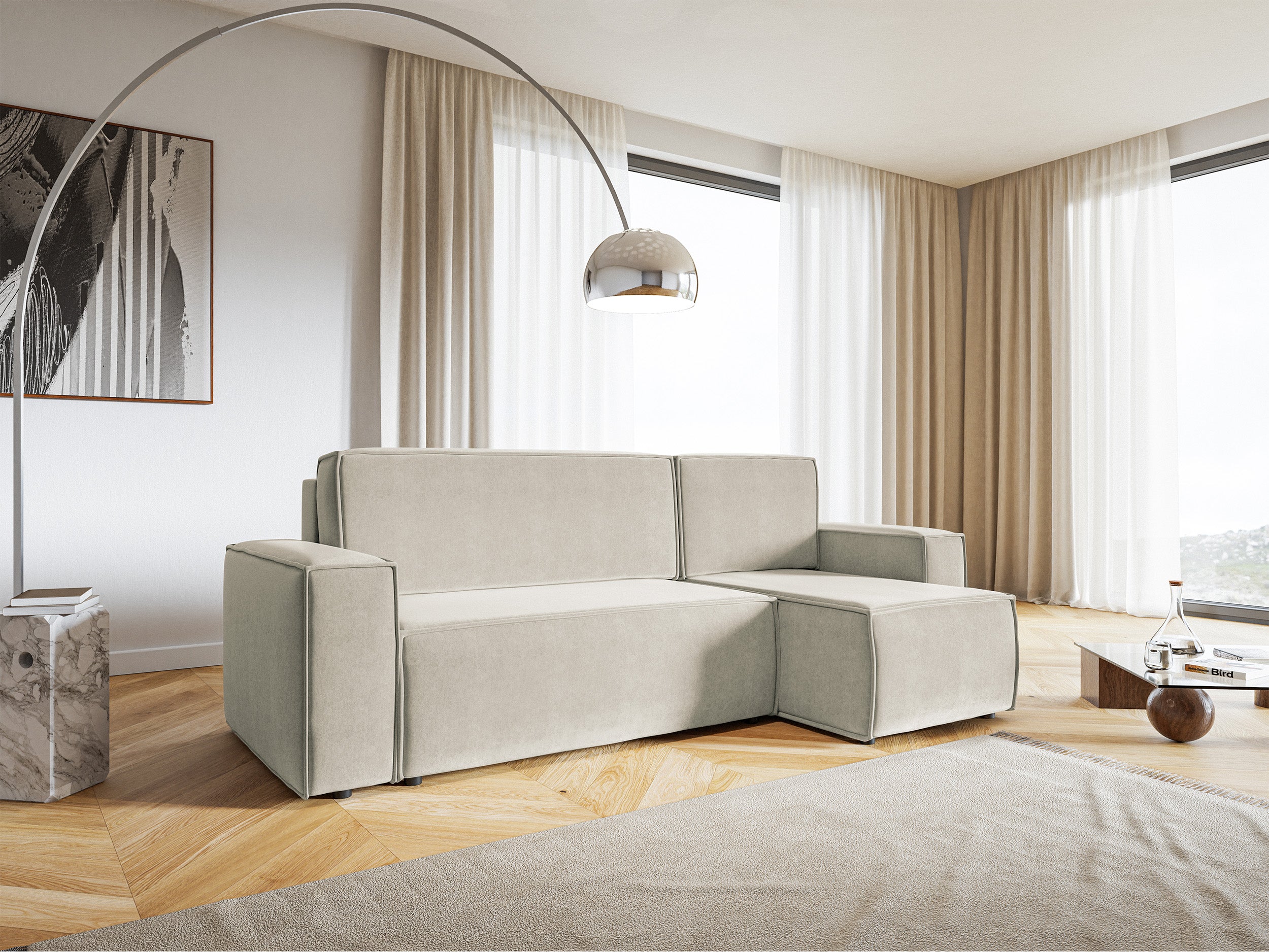 Ecksofa mit Schlaffunktion Copertino, L-förmig, mit Stauraum, universell, hellbeiger hydrophober Samtstoff