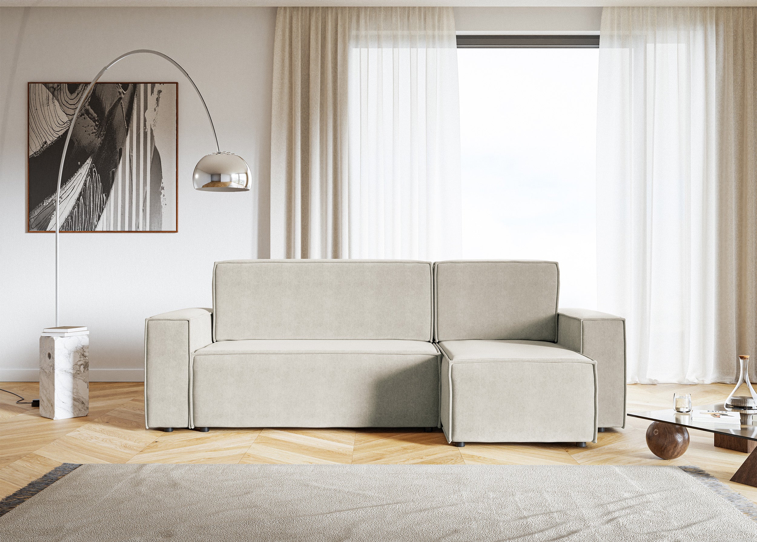 Ecksofa mit Schlaffunktion Copertino, L-förmig, mit Stauraum, universell, hellbeiger hydrophober Samtstoff