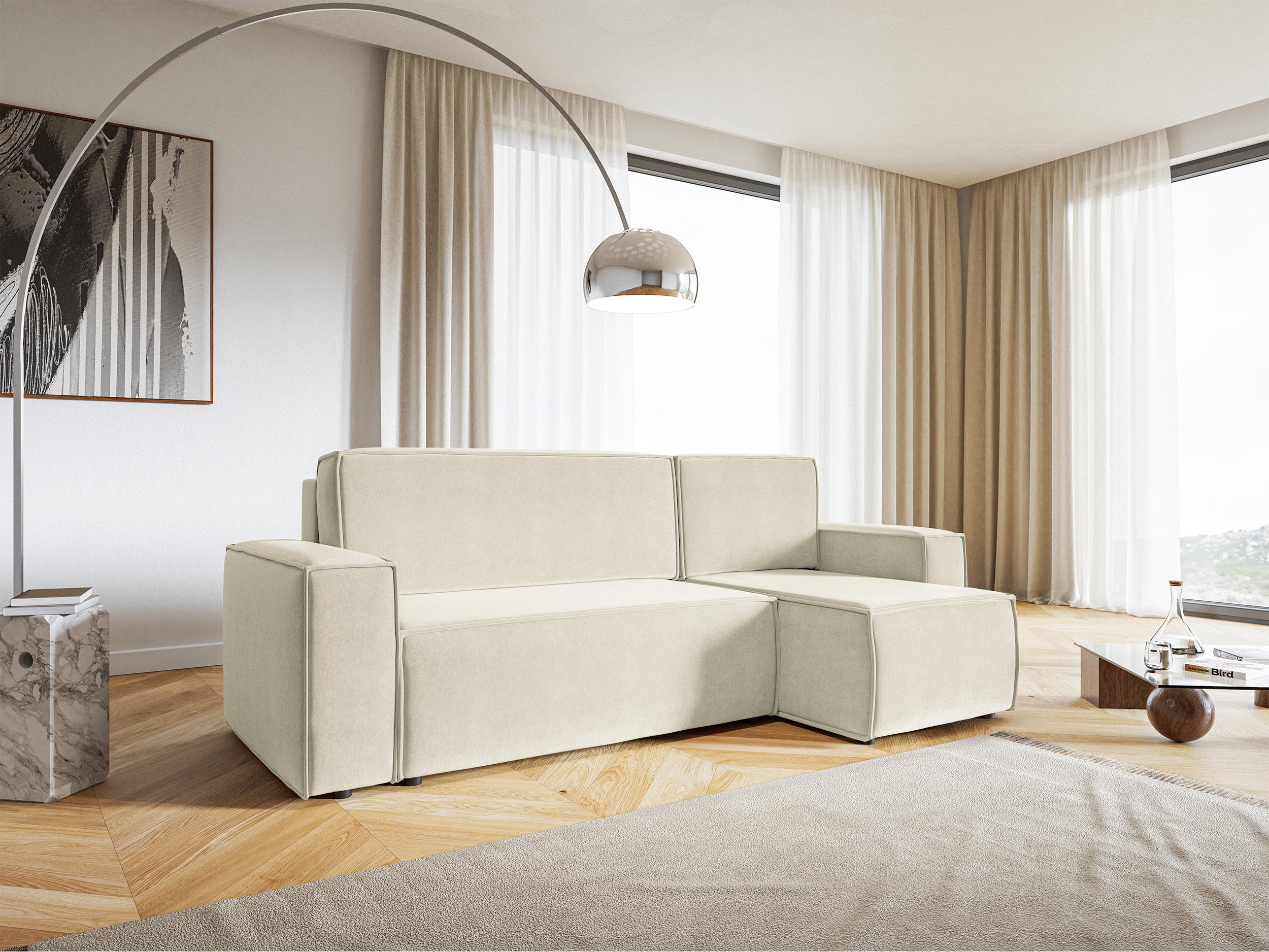 Ecksofa mit Schlaffunktion Copertino, L-förmig, mit Stauraum, universell, cremefarben, wasserabweisender Samt