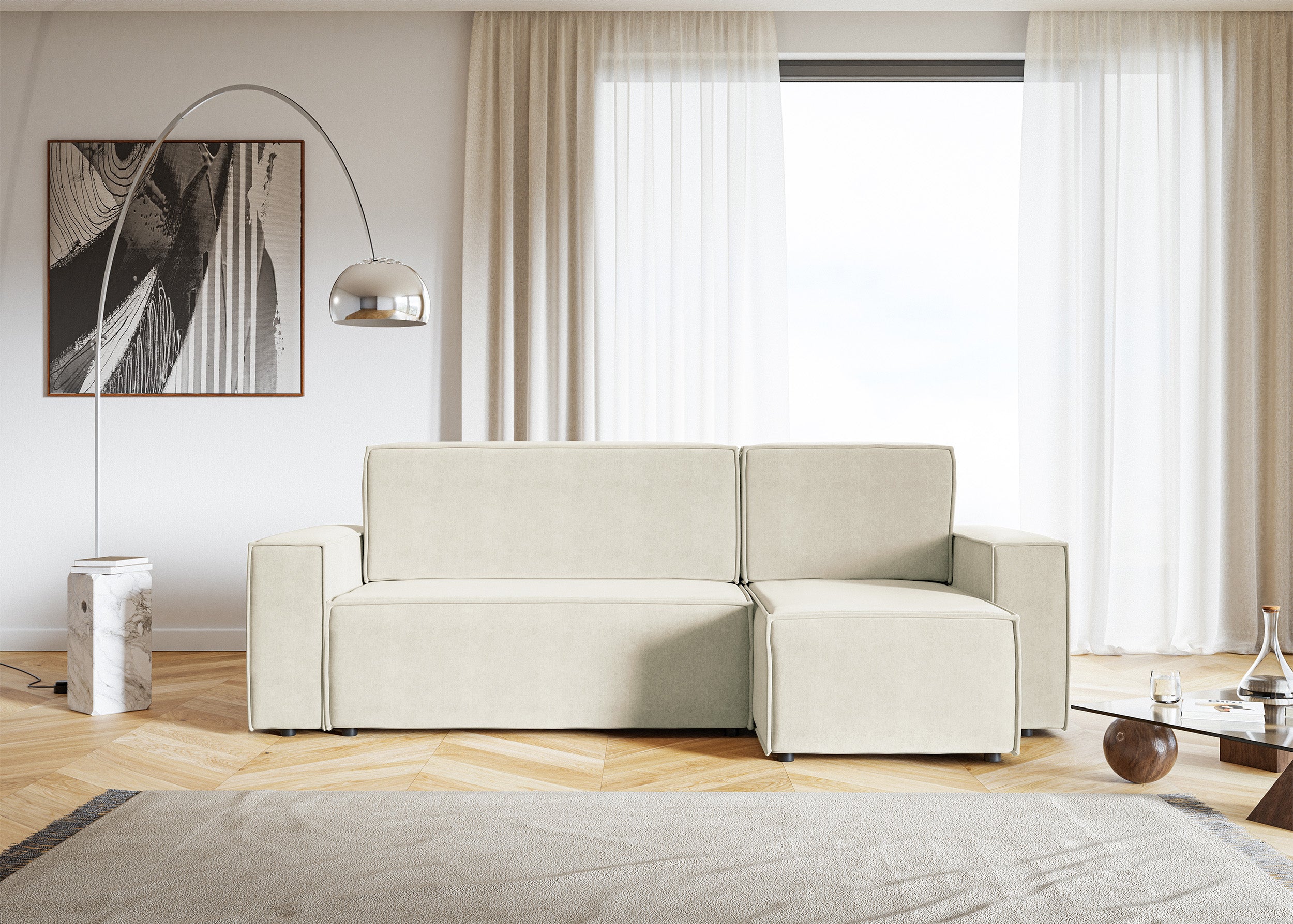 Ecksofa mit Schlaffunktion Copertino, L-förmig, mit Stauraum, universell, cremefarben, wasserabweisender Samt