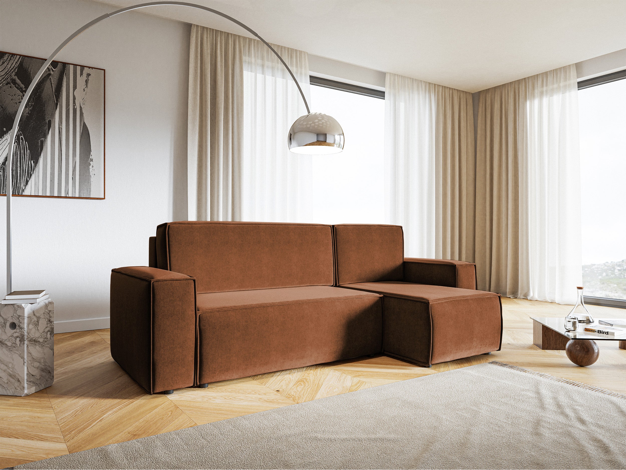 Ecksofa mit Schlafunktion Copertino, L-förmig, mit Stauraum, universell, kupferfarbener, wasserabweisender Samt
