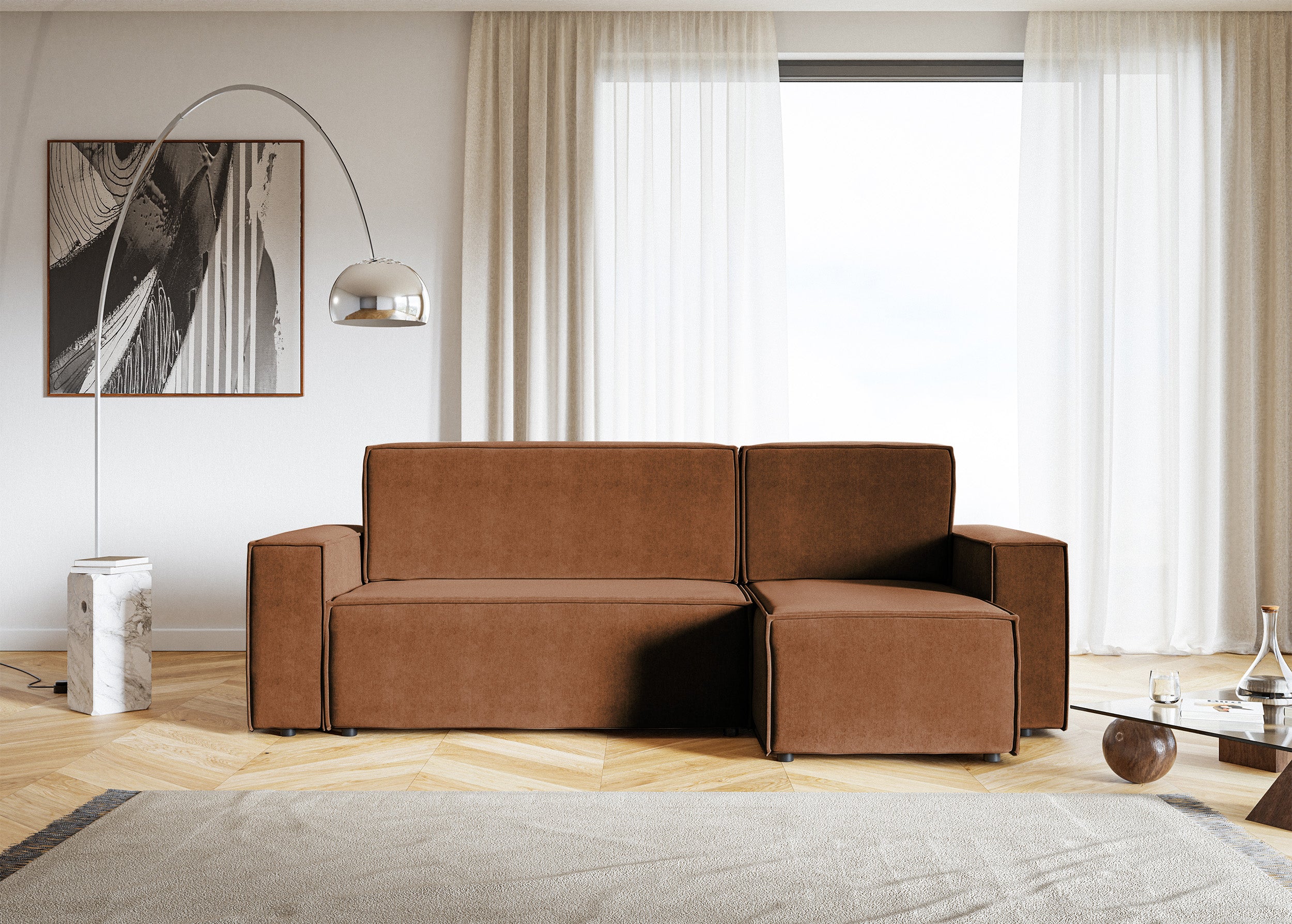 Ecksofa mit Schlafunktion Copertino, L-förmig, mit Stauraum, universell, kupferfarbener, wasserabweisender Samt