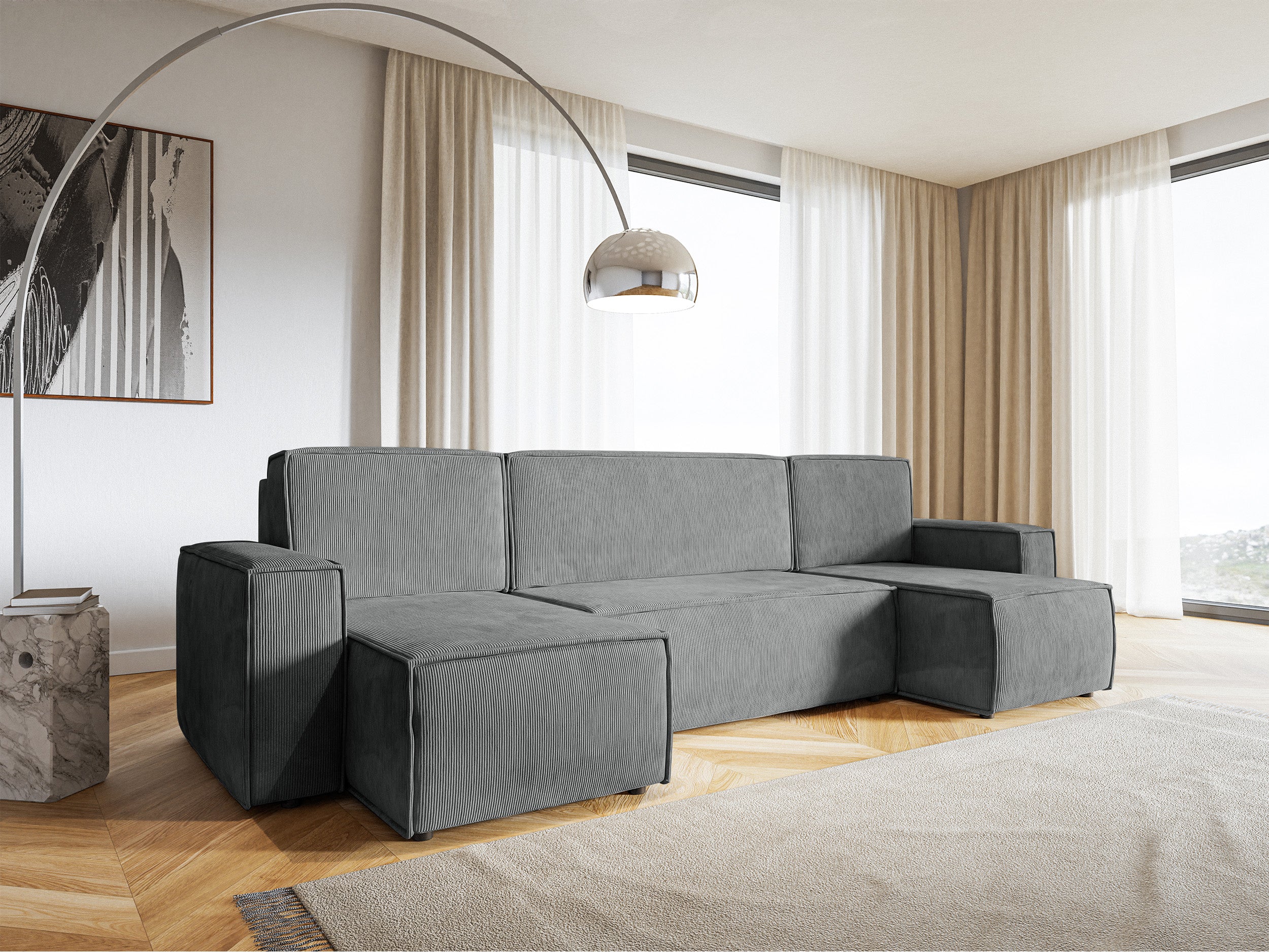 Ecksofa mit Schlaffunktion Copertino U-förmig mit Stauraum, universell, aschgrauer Cordstoff