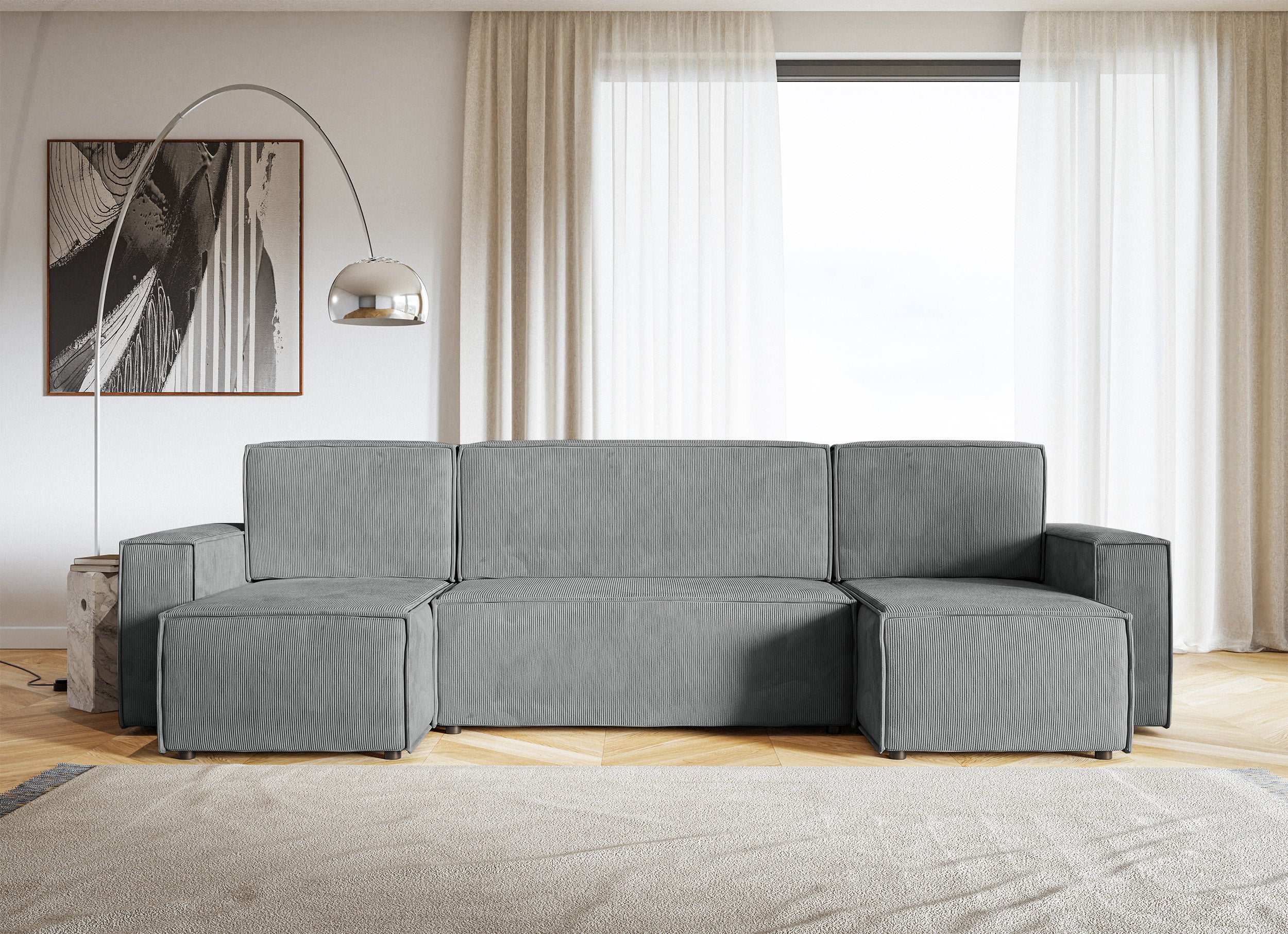 Ecksofa mit Schlaffunktion Copertino U-förmig mit Stauraum, universell, aschgrauer Cordstoff