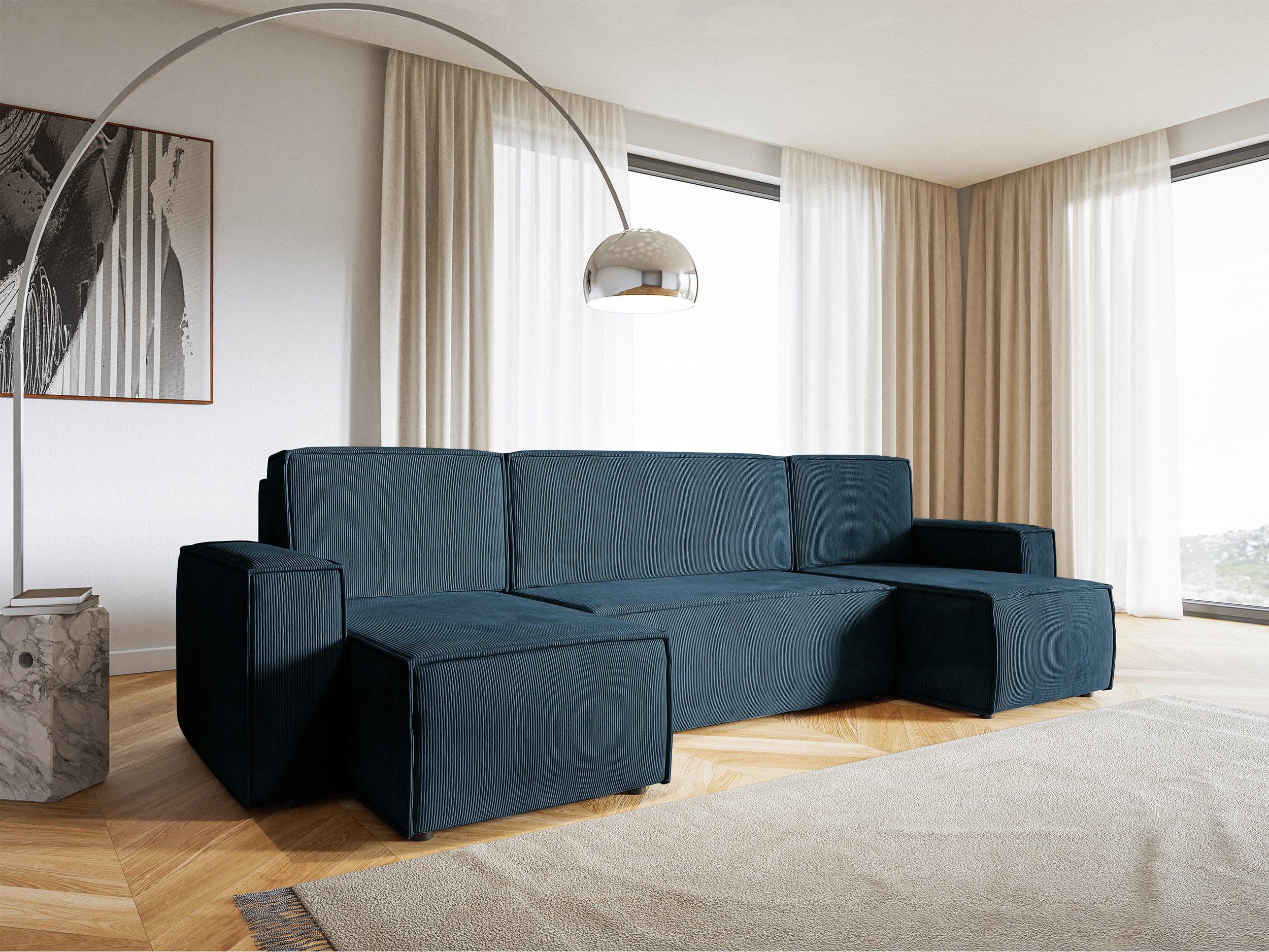 Ecksofa mit Schlaffunktion Copertino U-förmig mit Stauraum, universell, marineblauer Cordstoff