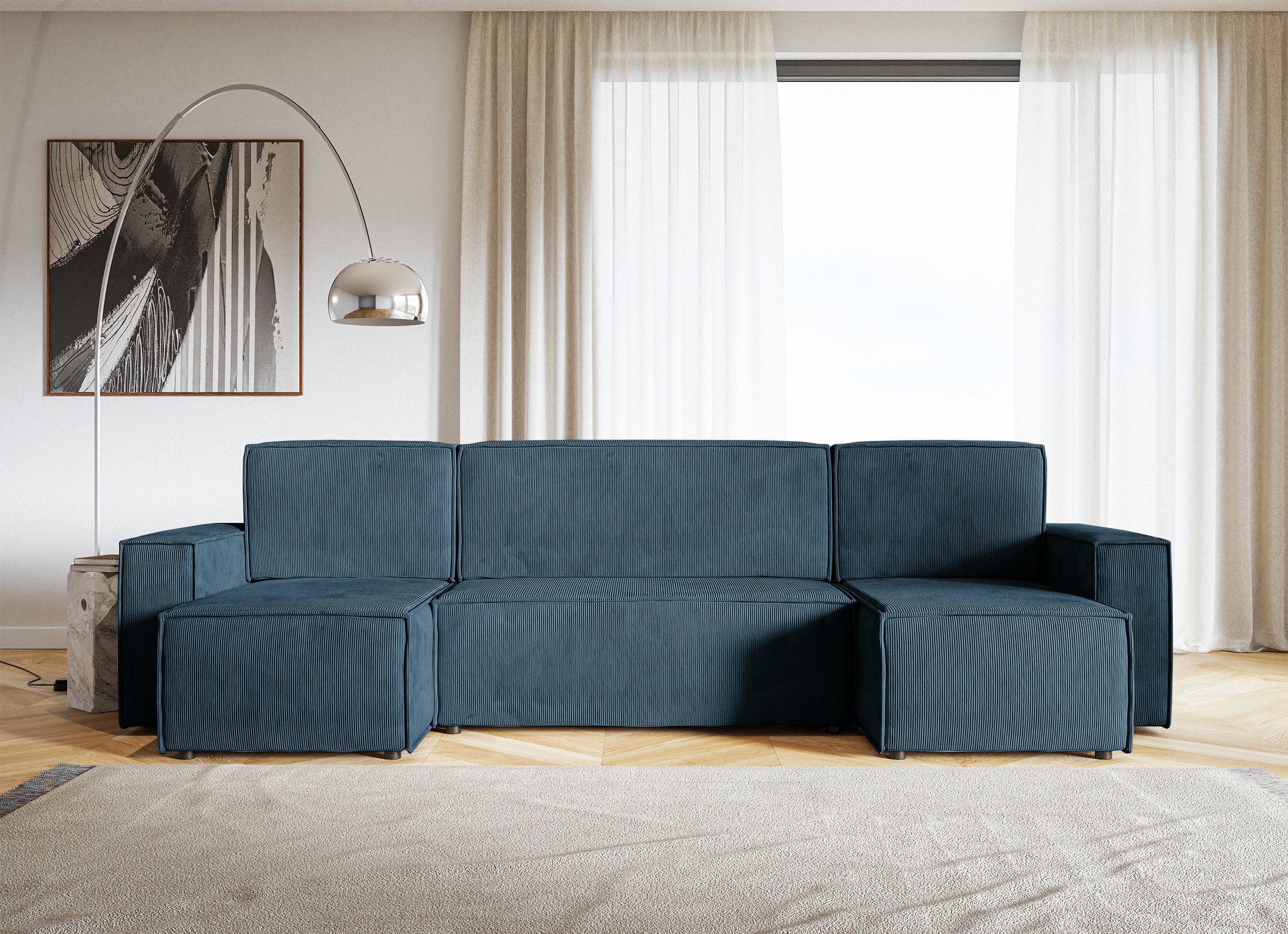 Ecksofa mit Schlaffunktion Copertino U-förmig mit Stauraum, universell, marineblauer Cordstoff