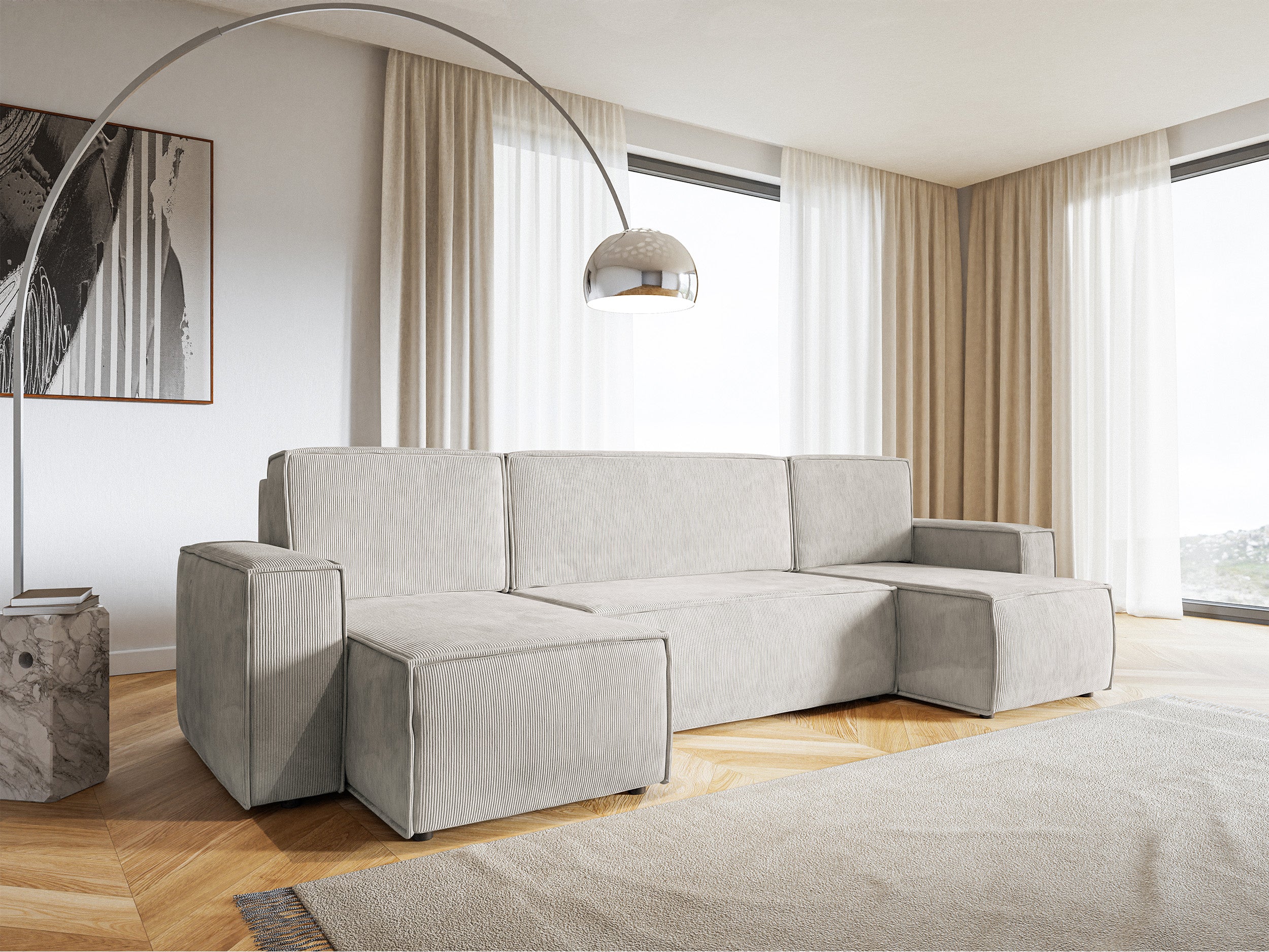 Ecksofa mit Schlaffunktion Copertino U-förmig mit Stauraum, universell, sandfarbener Cordstoff