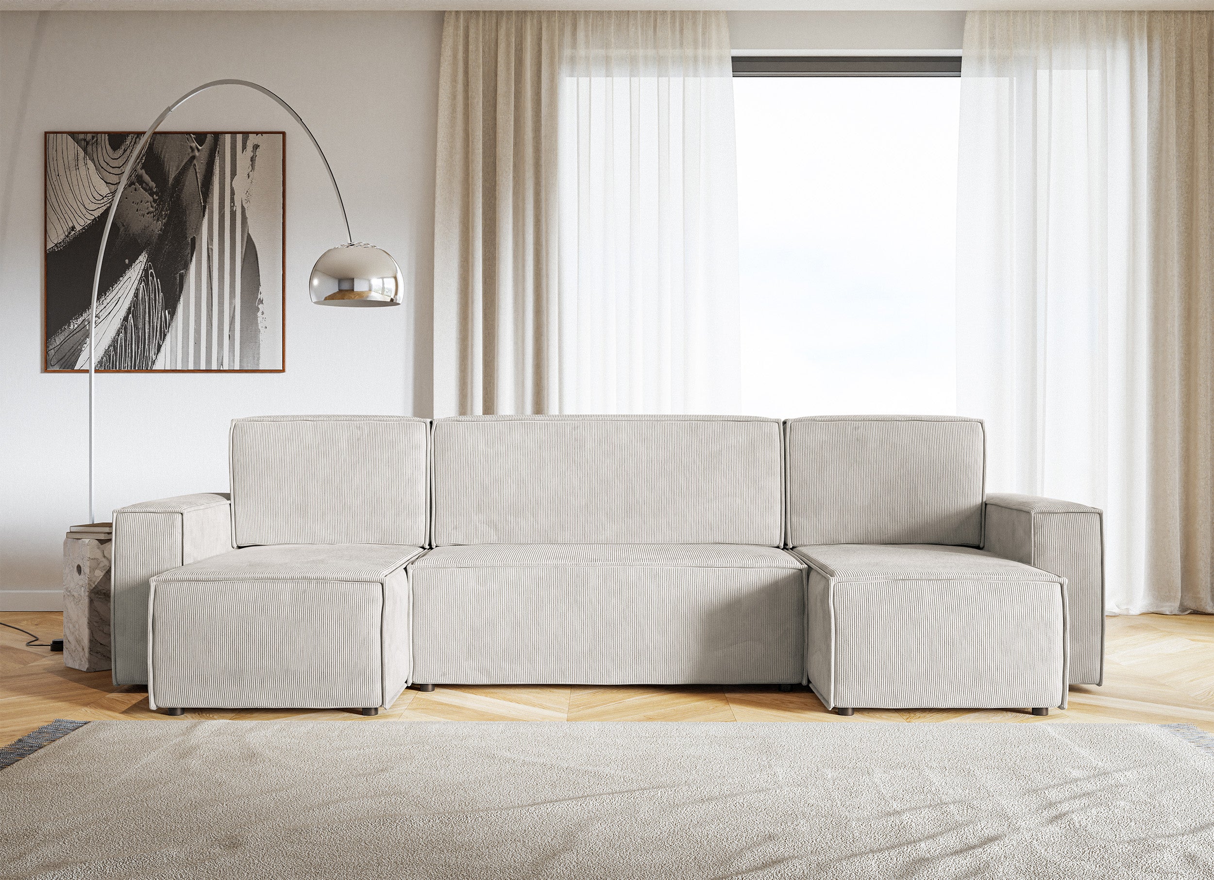 Ecksofa mit Schlaffunktion Copertino U-förmig mit Stauraum, universell, sandfarbener Cordstoff