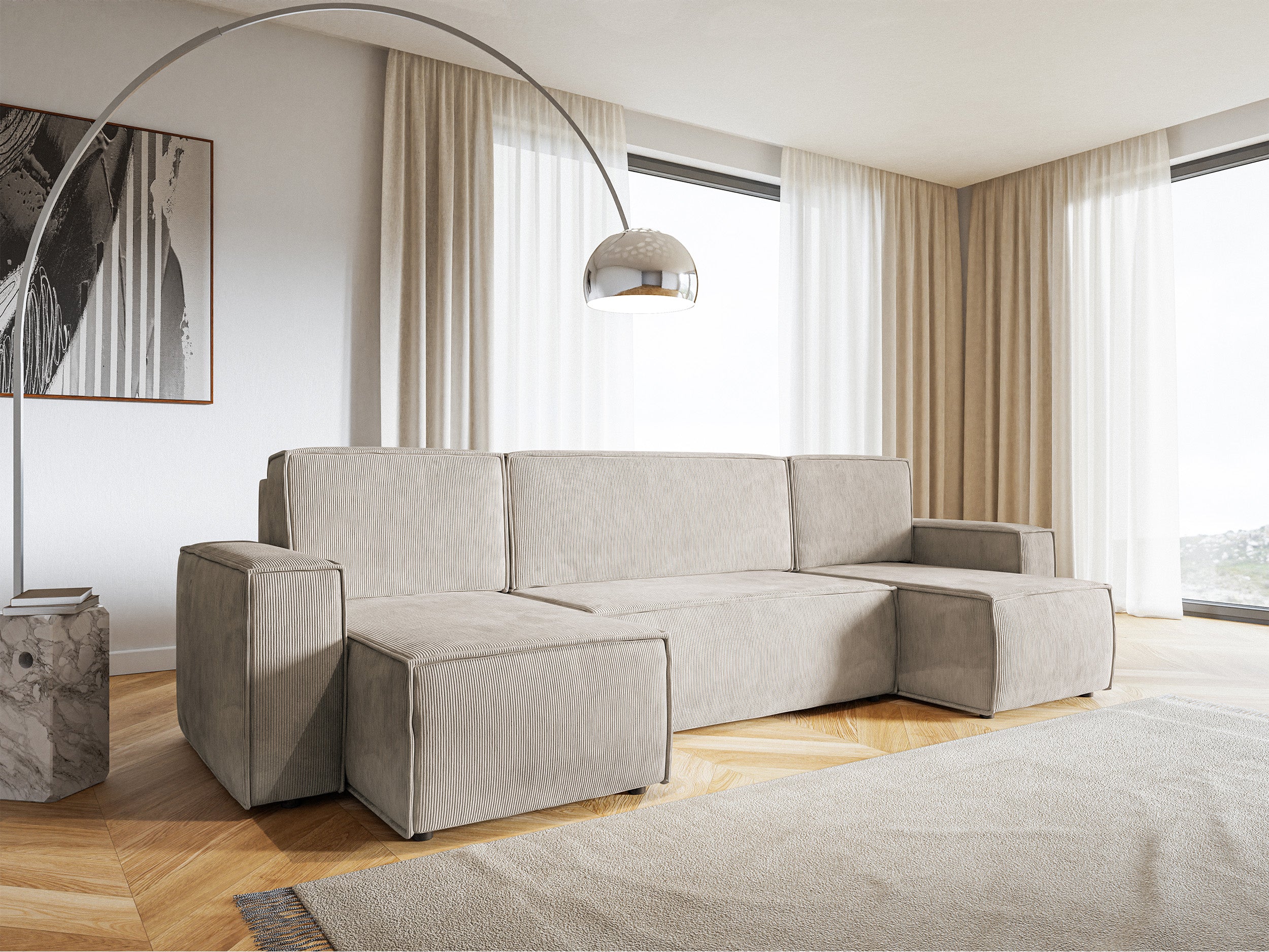 U-förmige Eckcouch Copertino mit Schlafunktion und Stauraum, universell beige Cordstoff