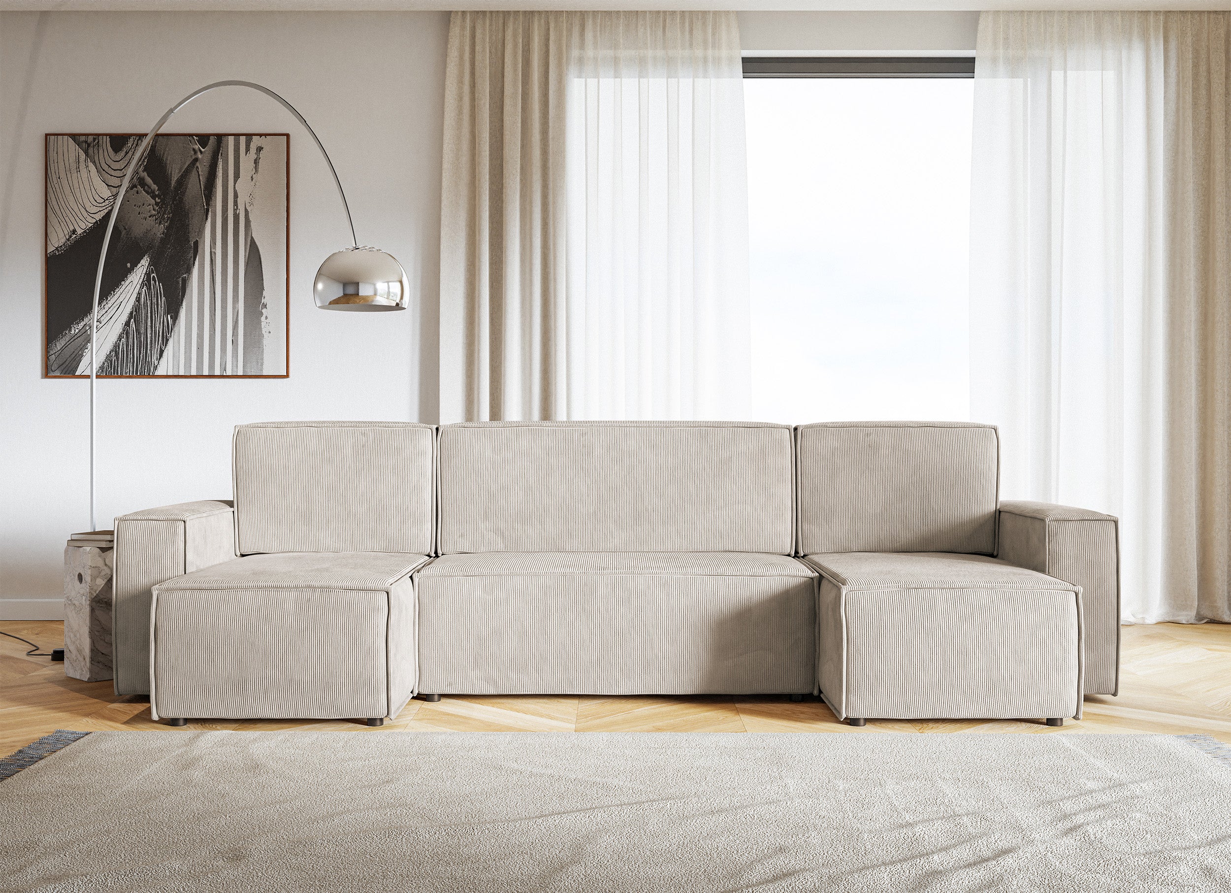 U-förmige Eckcouch Copertino mit Schlafunktion und Stauraum, universell beige Cordstoff