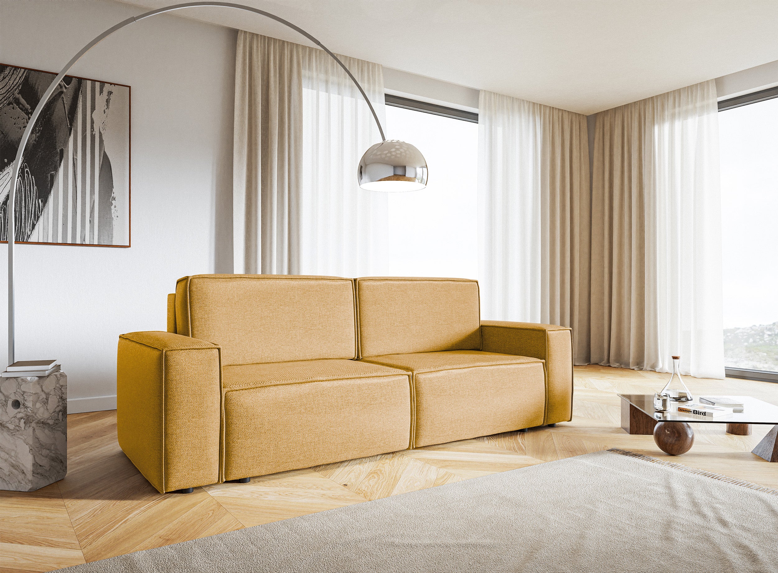Dreisitziges ausklappbares Sofa Copertino in Senfgelb, leicht zu reinigendes Geflecht