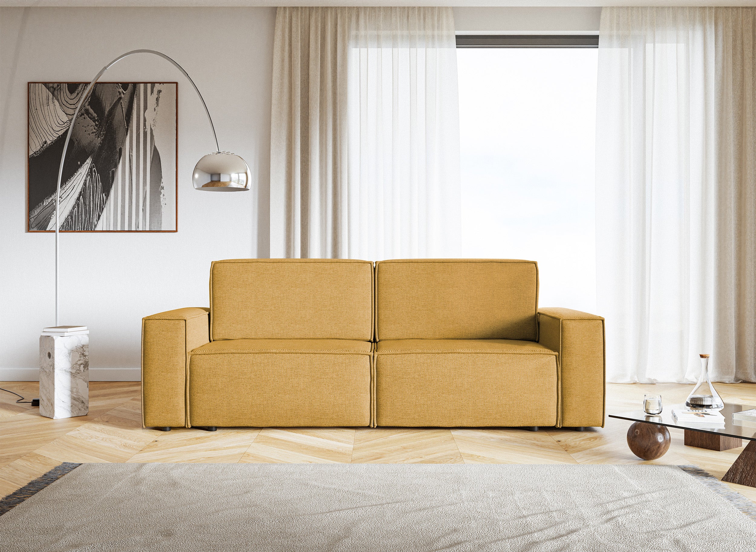 Dreisitziges ausklappbares Sofa Copertino in Senfgelb, leicht zu reinigendes Geflecht