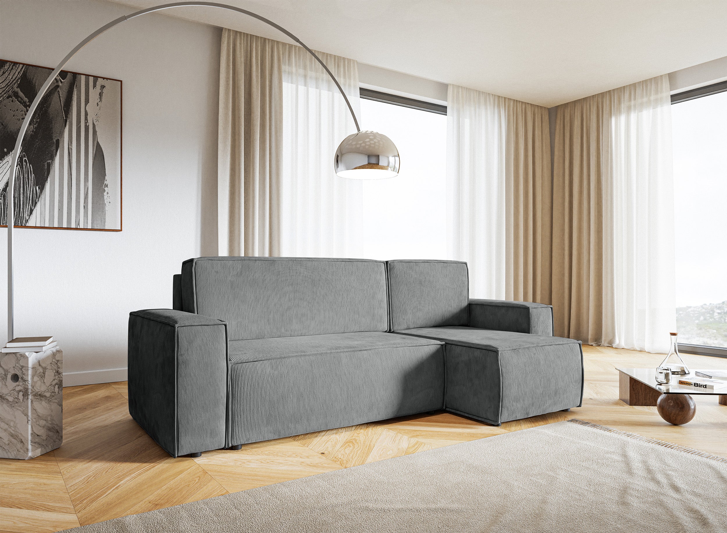 Ecksofa mit Schlaffunktion Copertino, L-förmig, mit Stauraum, universell, grauer Cord