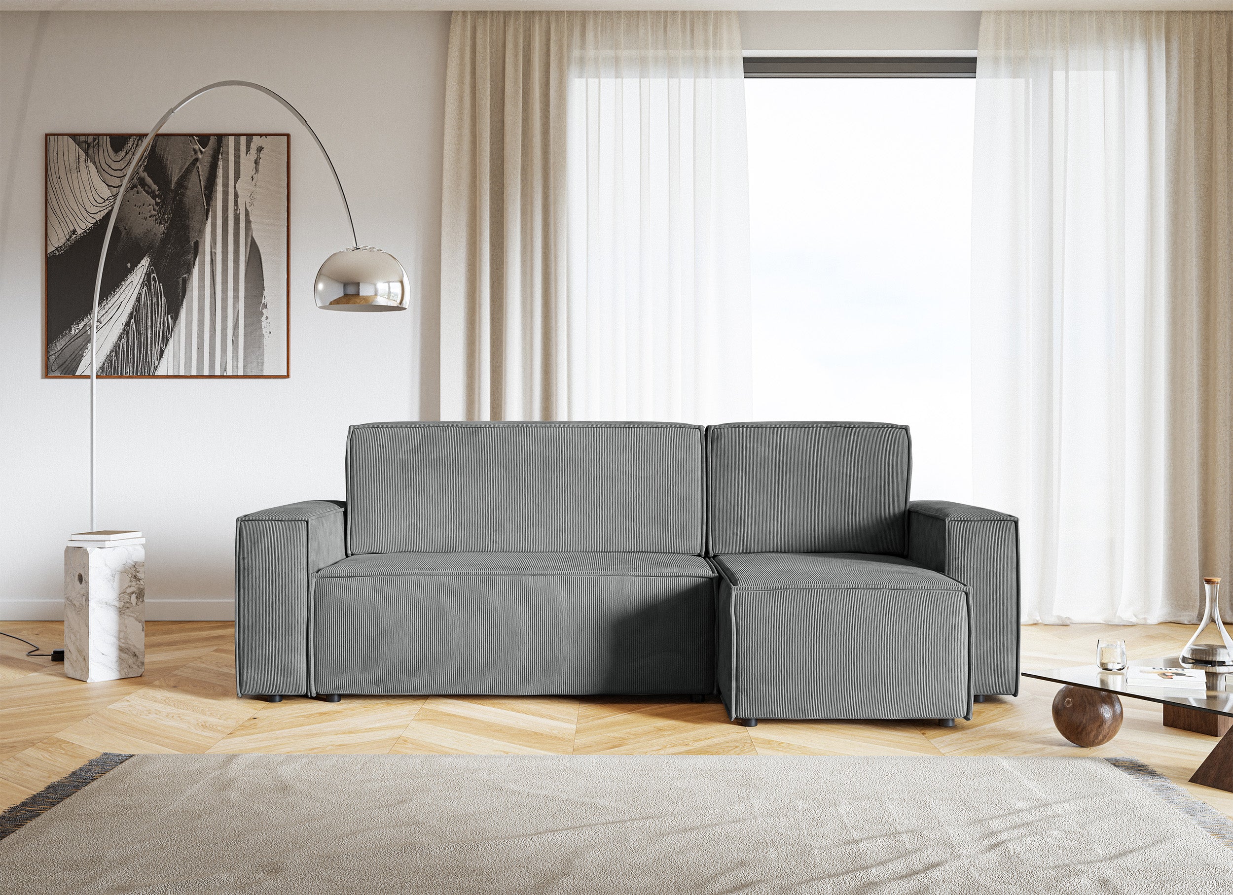 Ecksofa mit Schlaffunktion Copertino, L-förmig, mit Stauraum, universell, grauer Cord